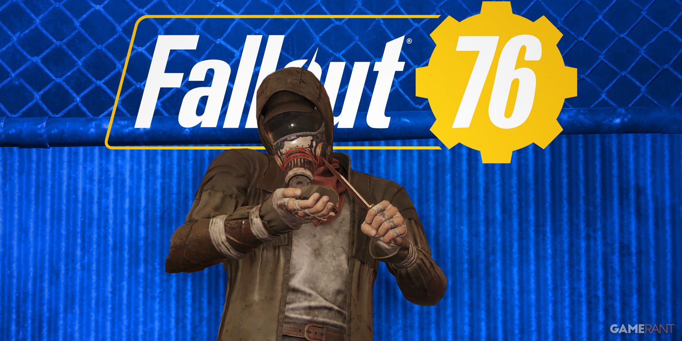 Fallout 76 The Pitt The Trench Expedition Danilo wielding knife while leaning on fence blue background game logo edit