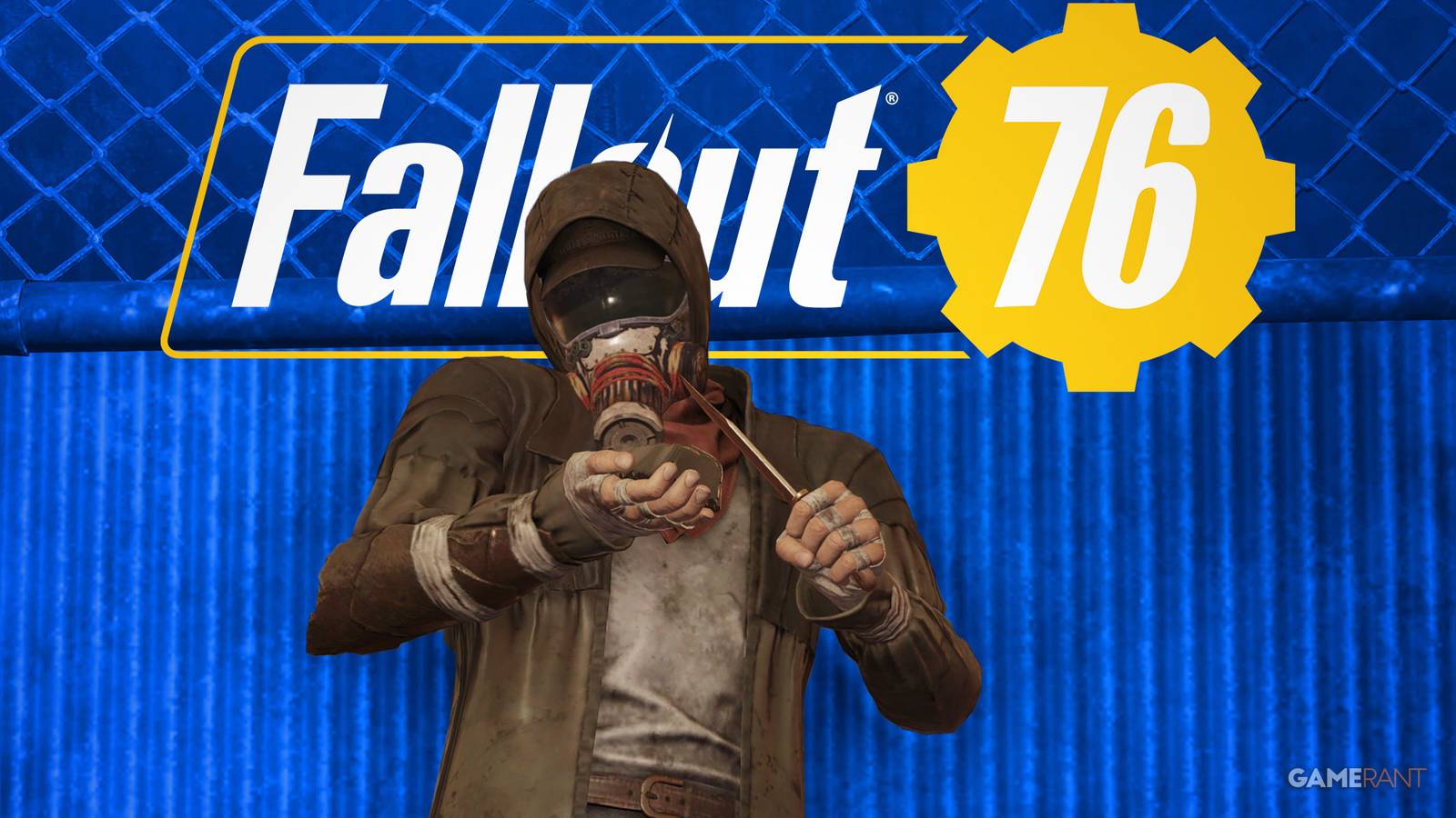 Fallout 76 The Pitt The Trench Expedition Danilo wielding knife while leaning on fence blue background game logo edit