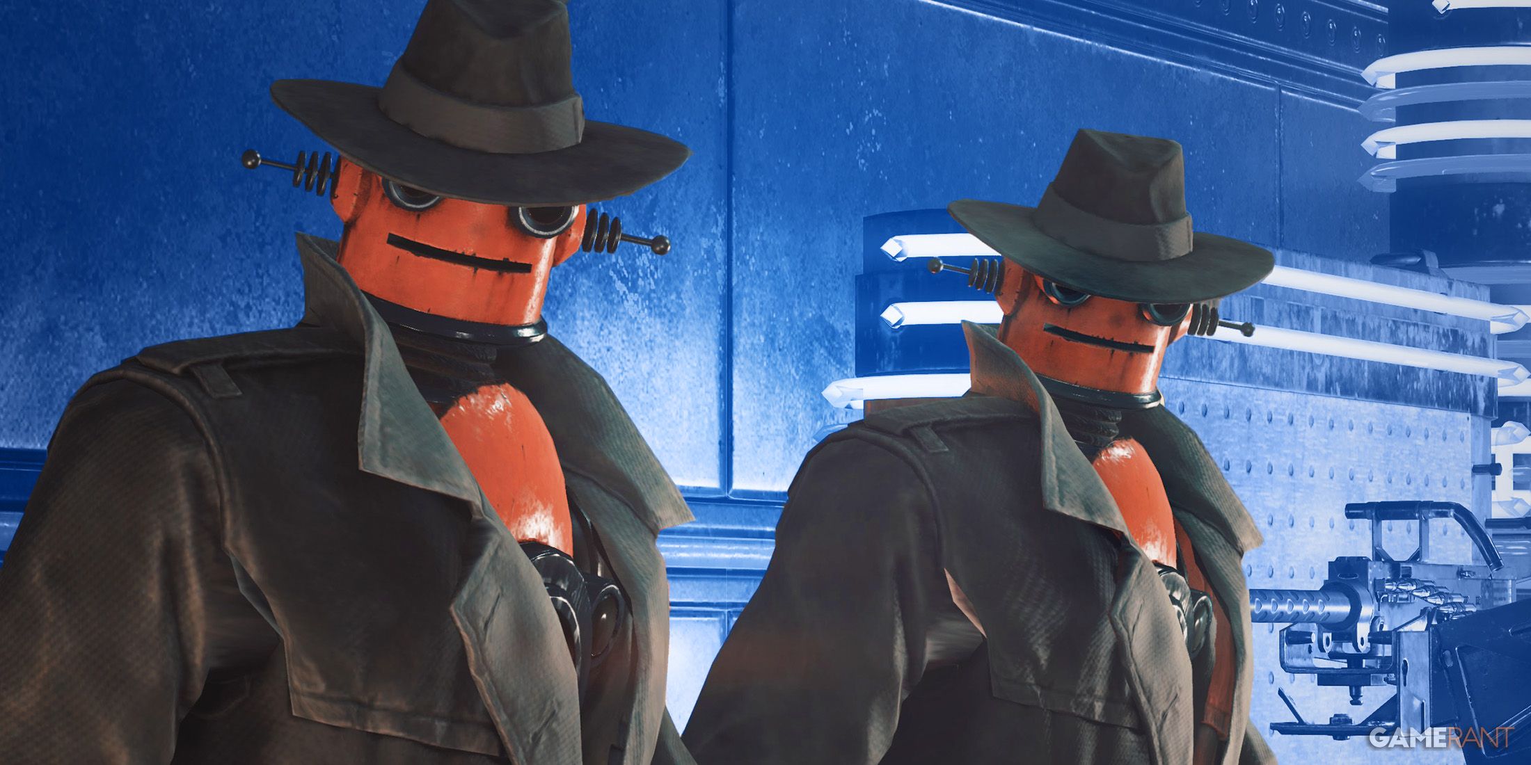 Fallout 76 Vending Machine red robots in black trench coats and fedoras looking unamused blue background edit