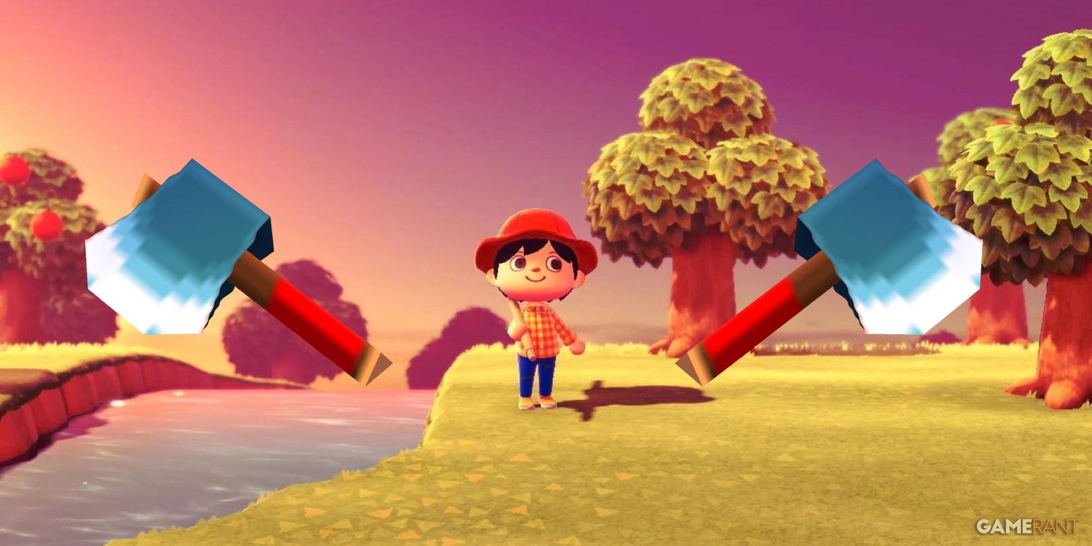 animal crossing player on undeveloped island with two axes