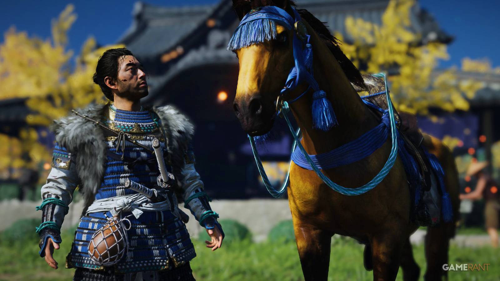 Ghost of Tsushima Jin Sakai next to brown Digital Deluxe Edition horse