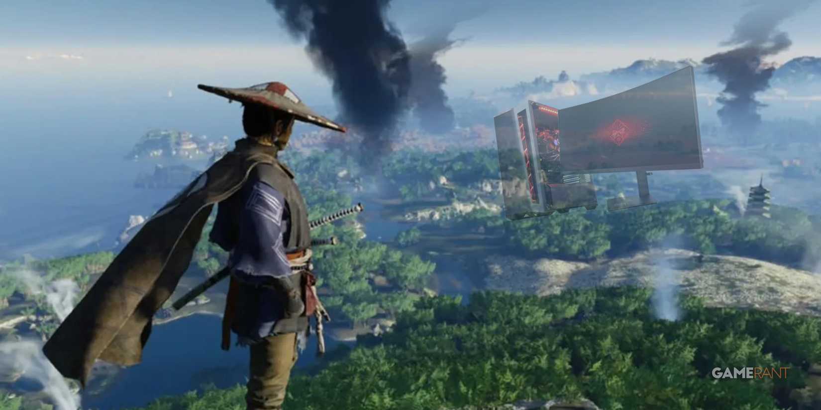 Jin Sakai looking at the island of Tsushima from a vantage point