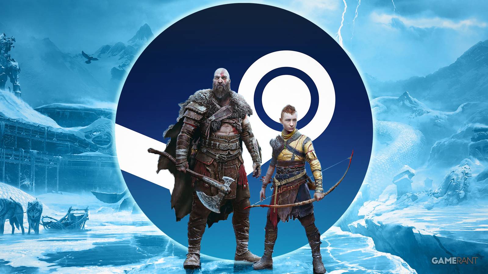 God of War Ragnarok key art Kratos Atreus in front of Steam glowing logo composite