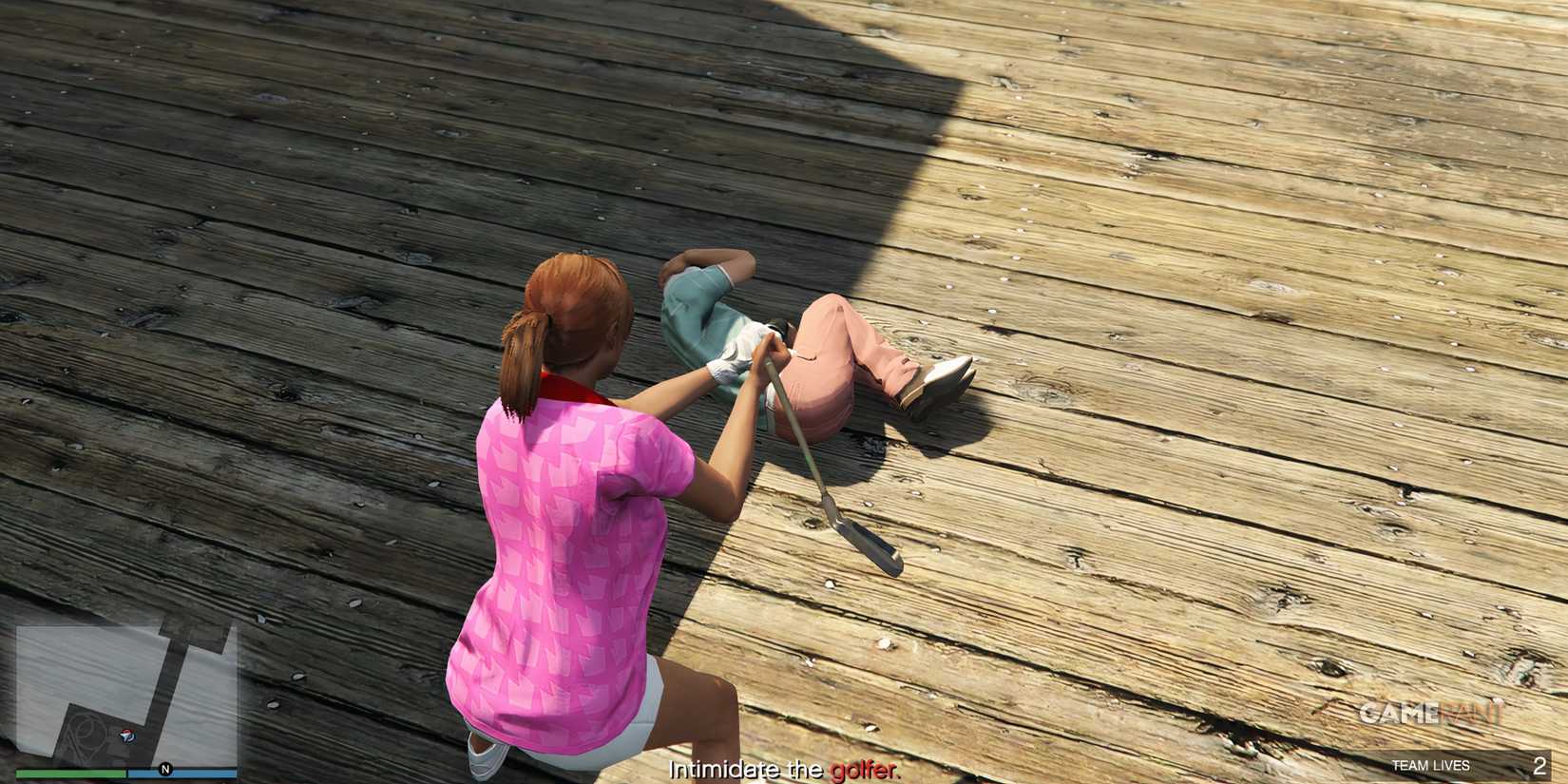 Character hitting someone with a golf club