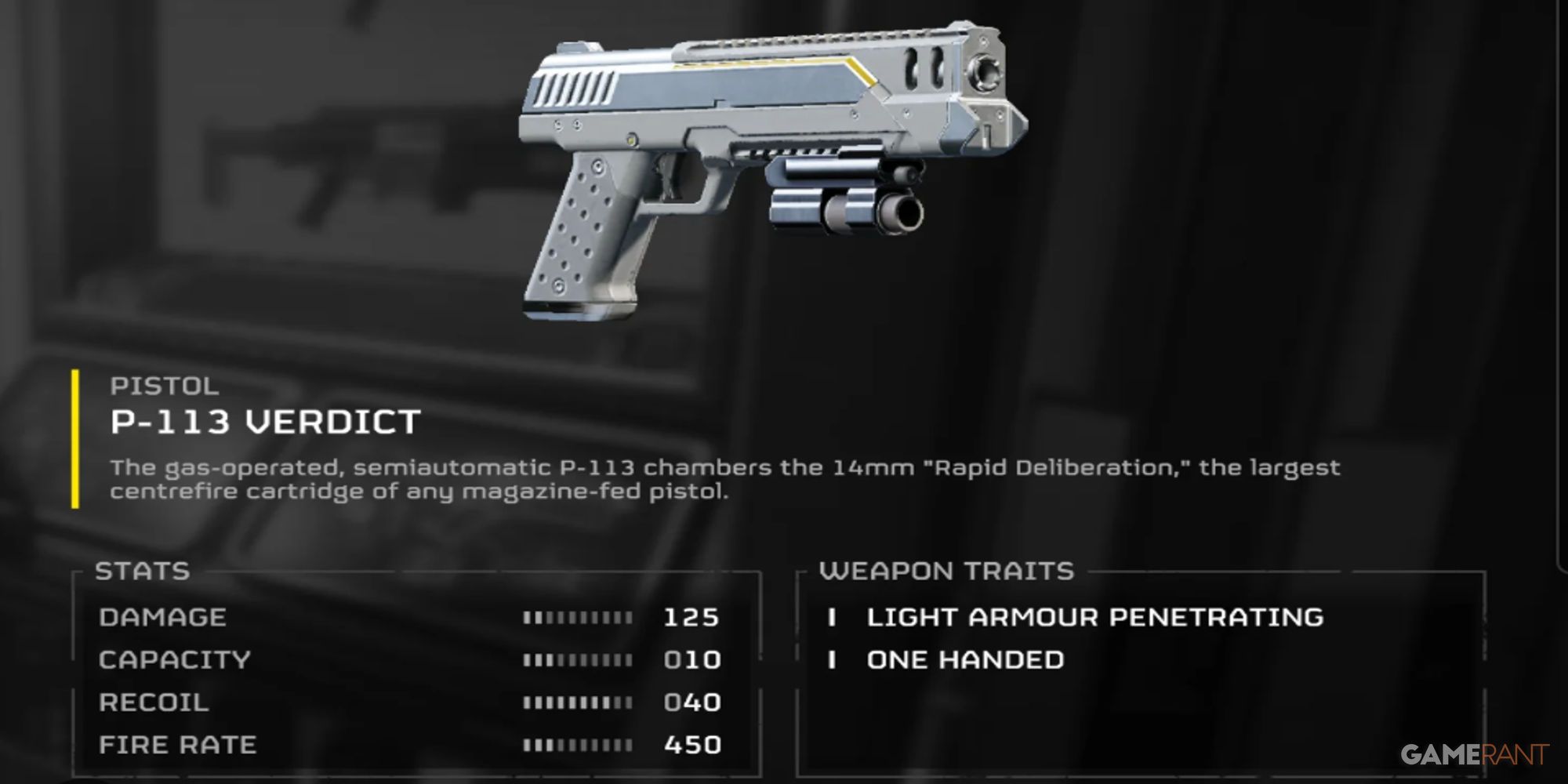 The stats for the Verdict pistol from Helldivers 2