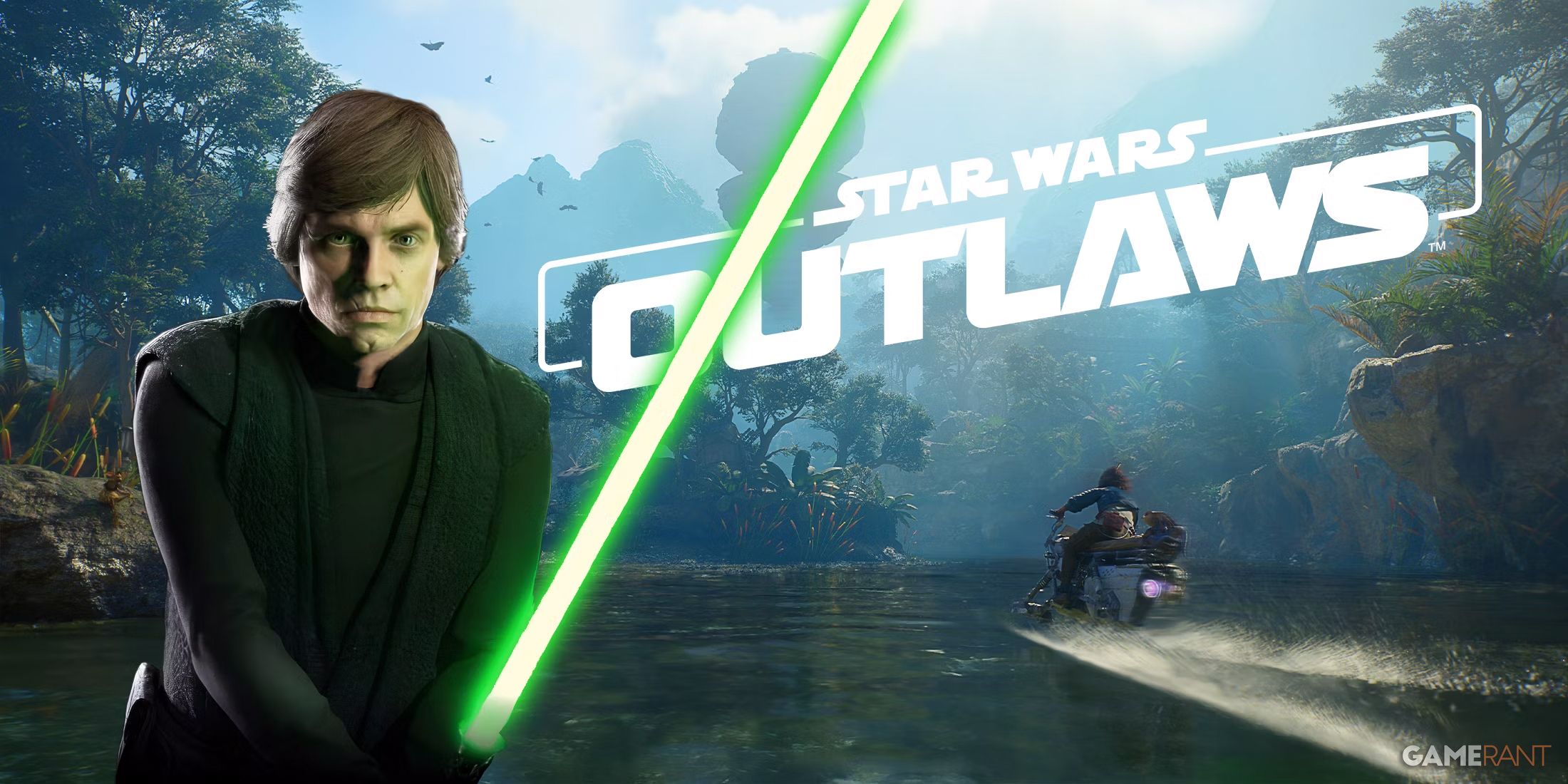 Luke Skywalker with green lightsaber in front of Star Wars Outlaws open world-1
