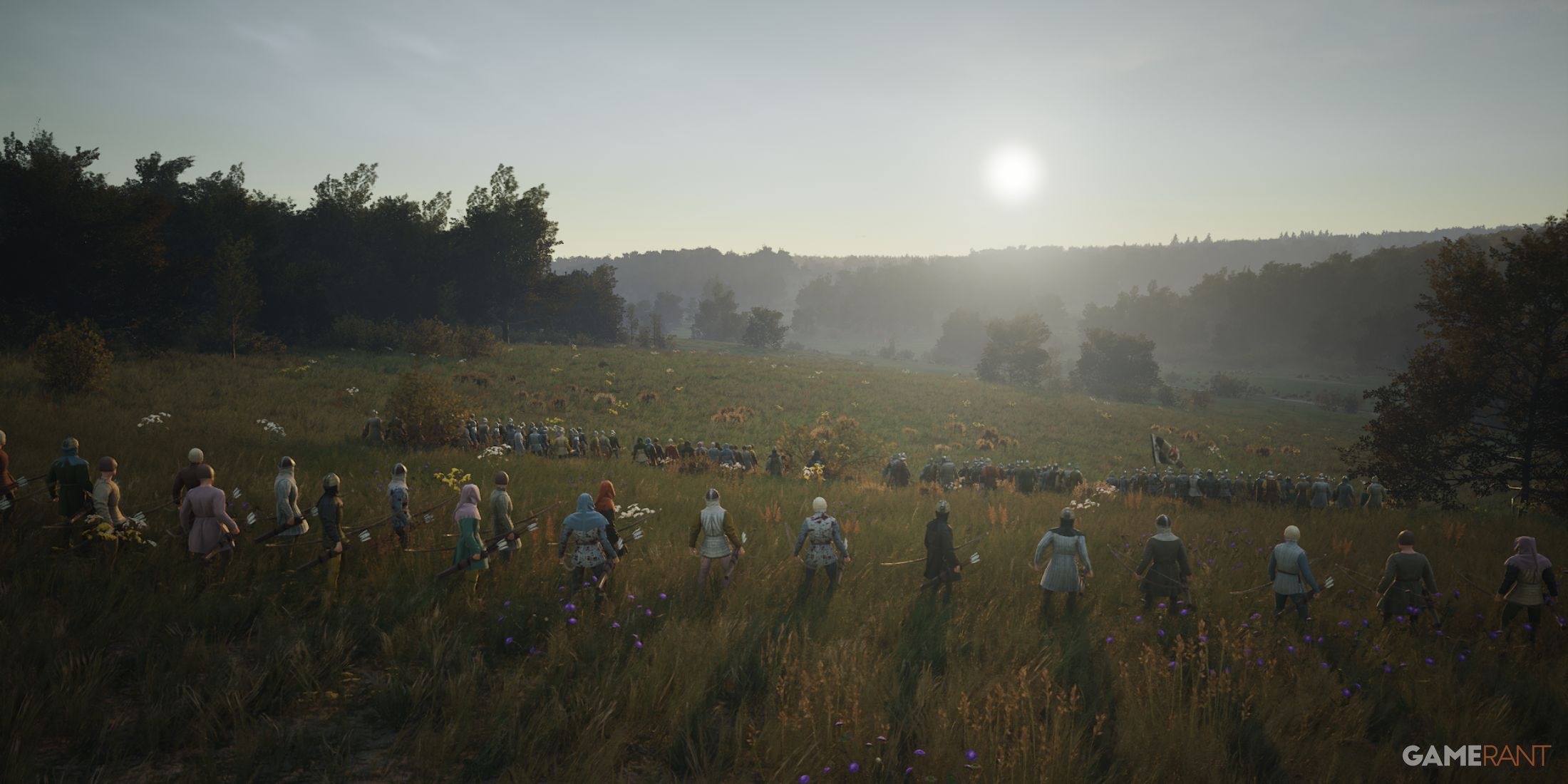 Manor Lords Features We'd Love To See, army waiting for battle as the sun rises