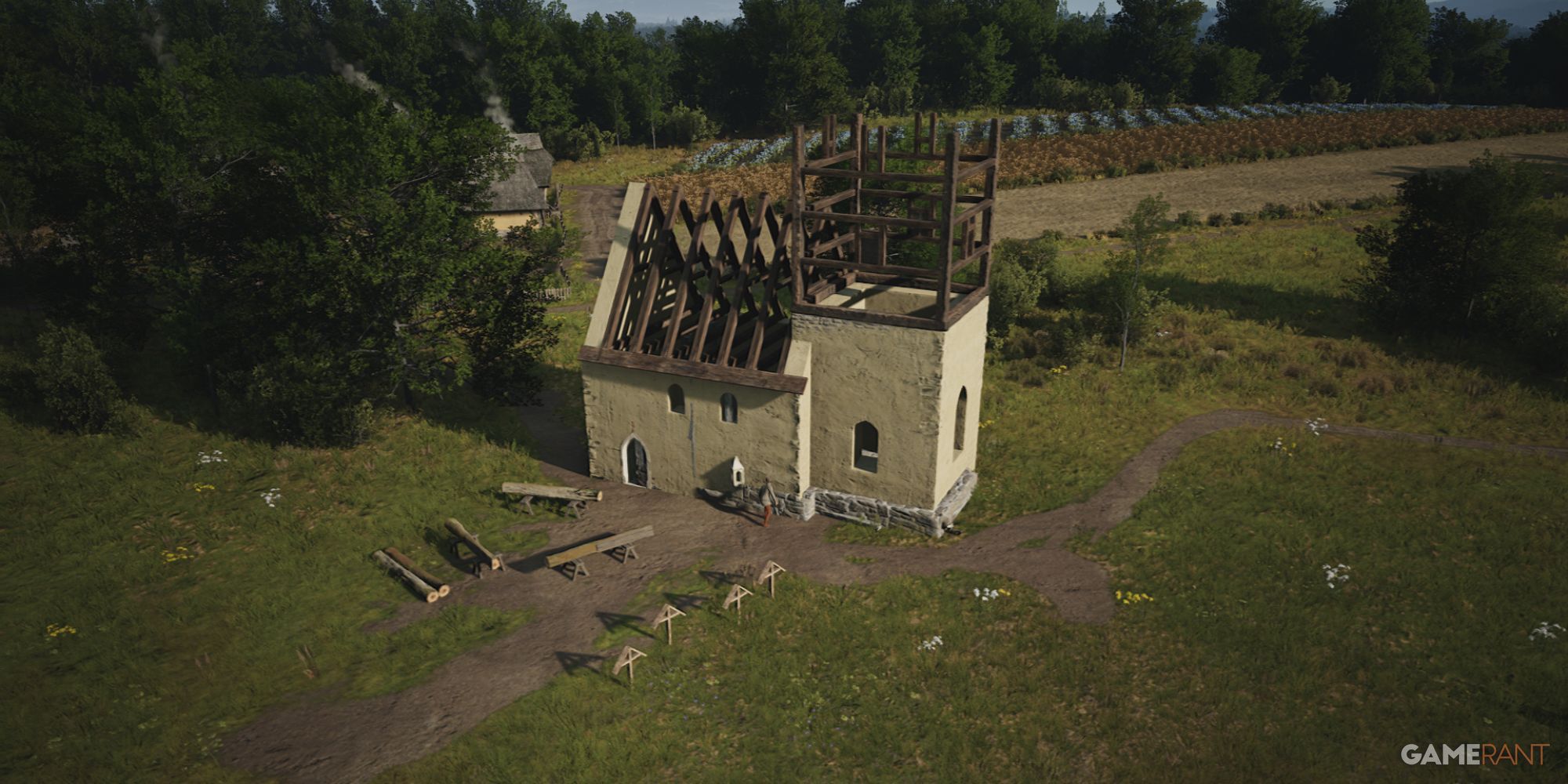 Manor Lords Stone Church being built