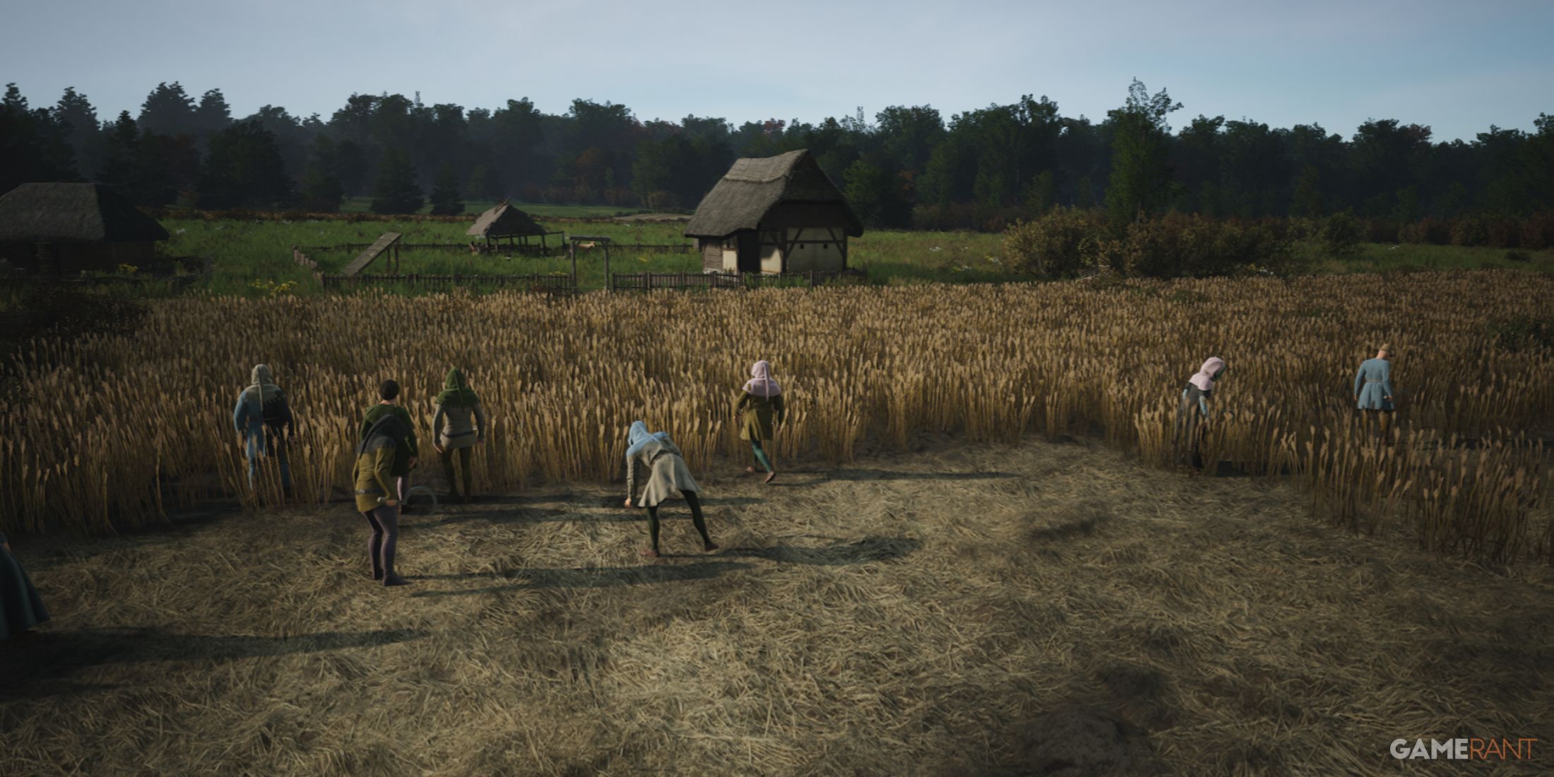 Manor Lords Villagers bringing in the harvest, fields