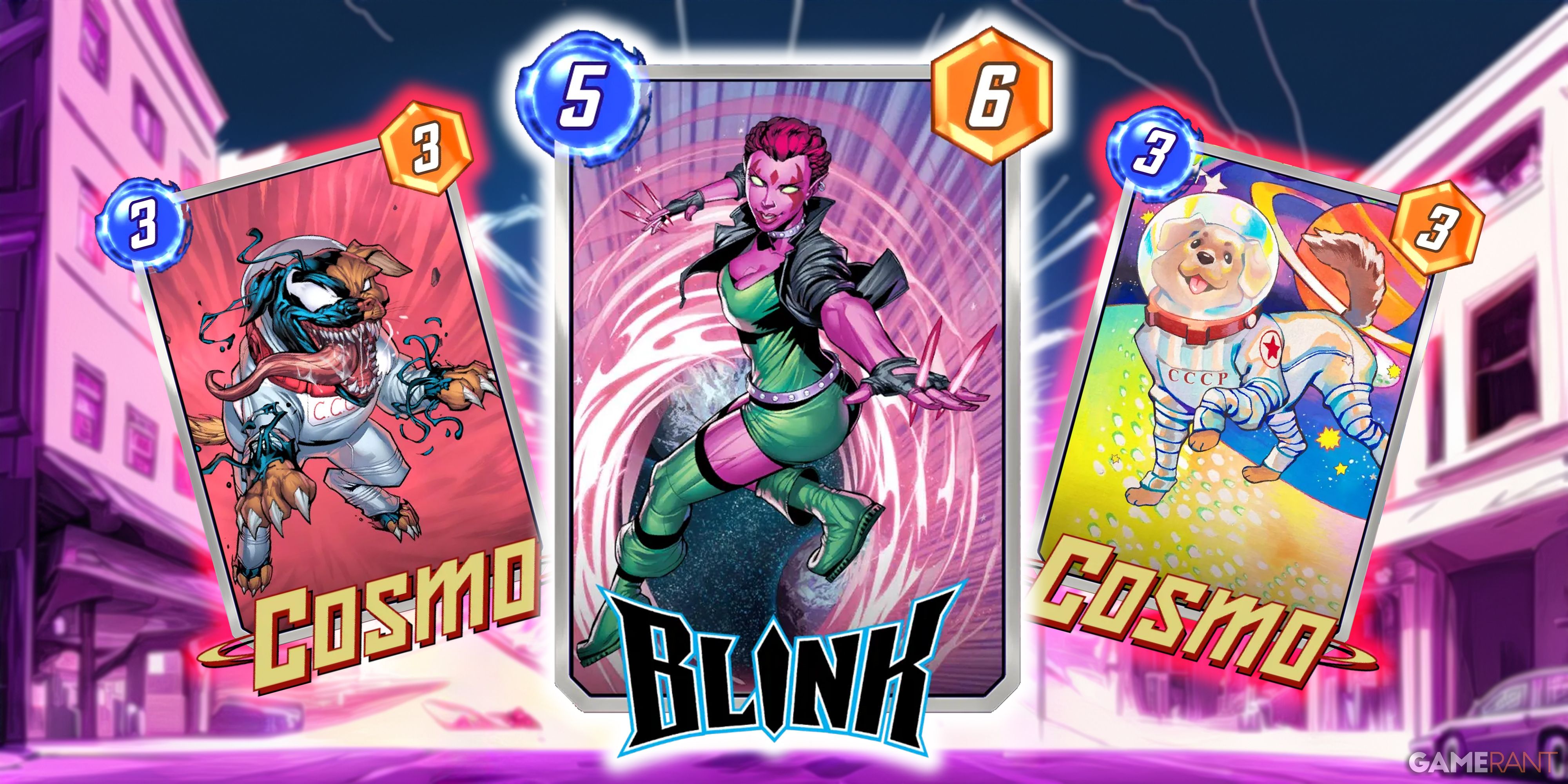 Marvel Snap's Blink card surrounded by two Cosmo variants.