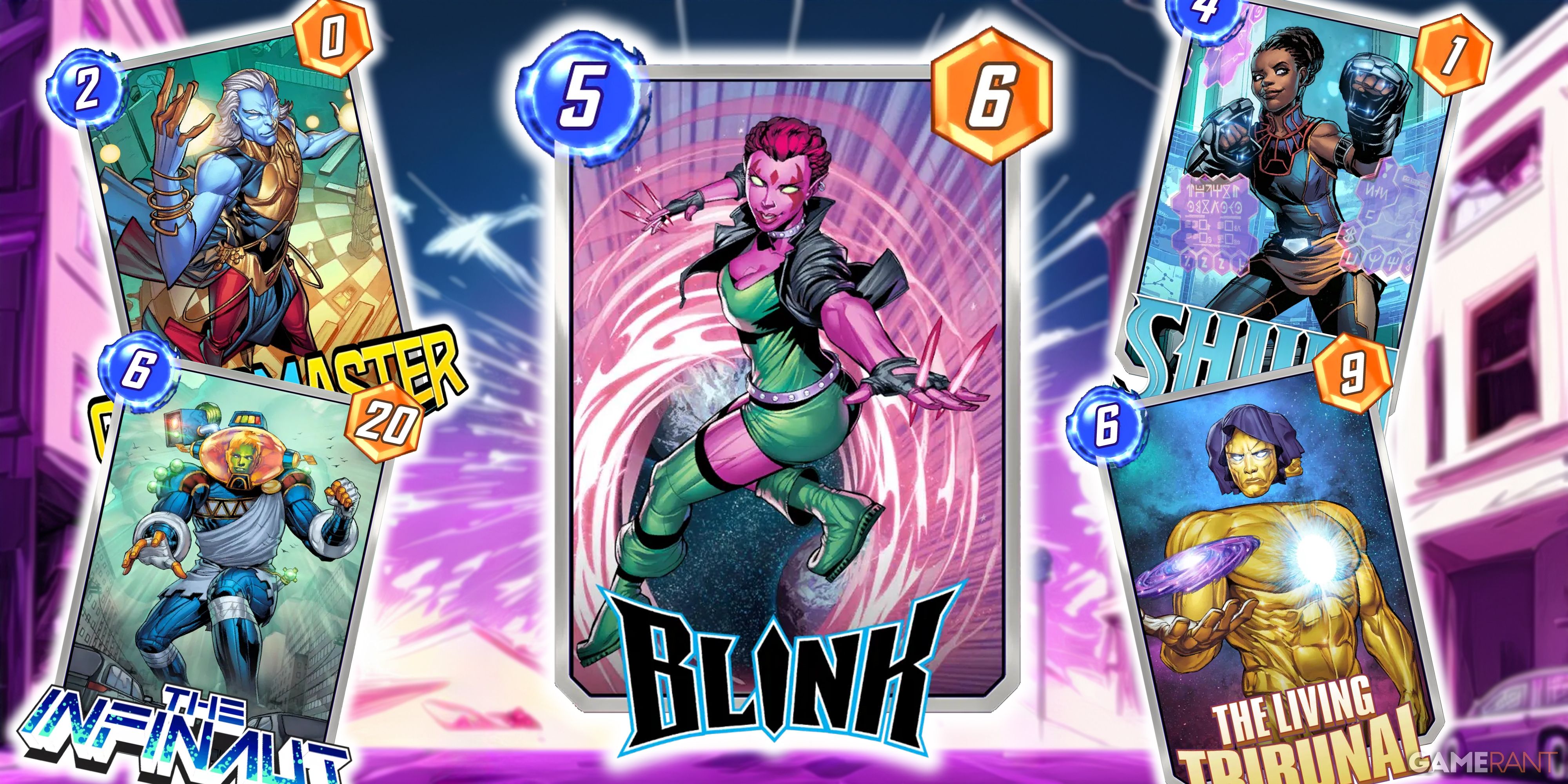 Marvel Snap's Blink card surrounded by Grandmaster, The Infinaut, Shuri, and The Living Tribunal.