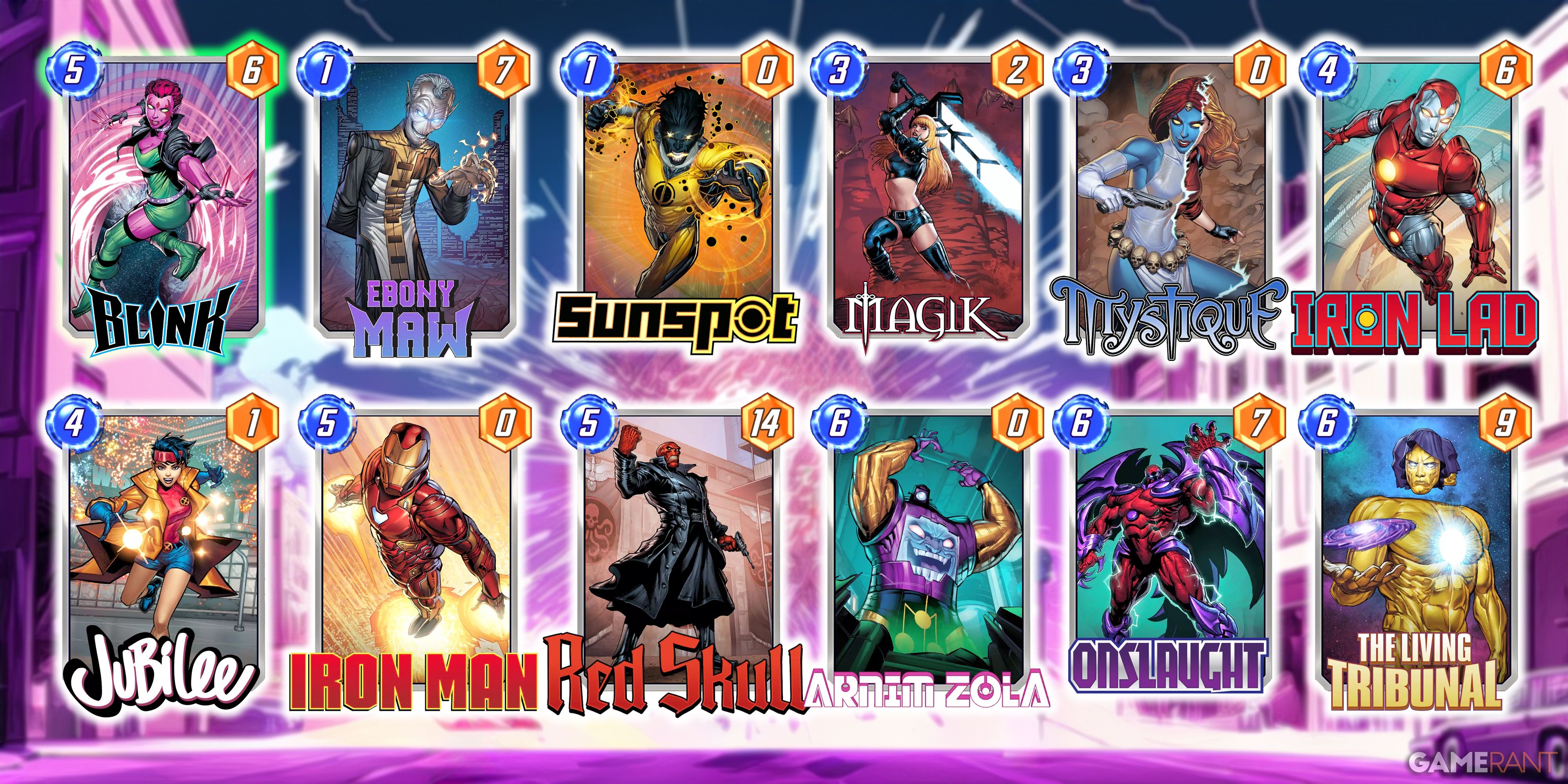 A Marvel Snap deck consisting of Blink, Ebony Maw, Sunspot, Magik, Mystique, Iron Lad, Jubilee, Iron Man, Red Skull, Arnim Zola, Onslaught, and The Living Tribunal.