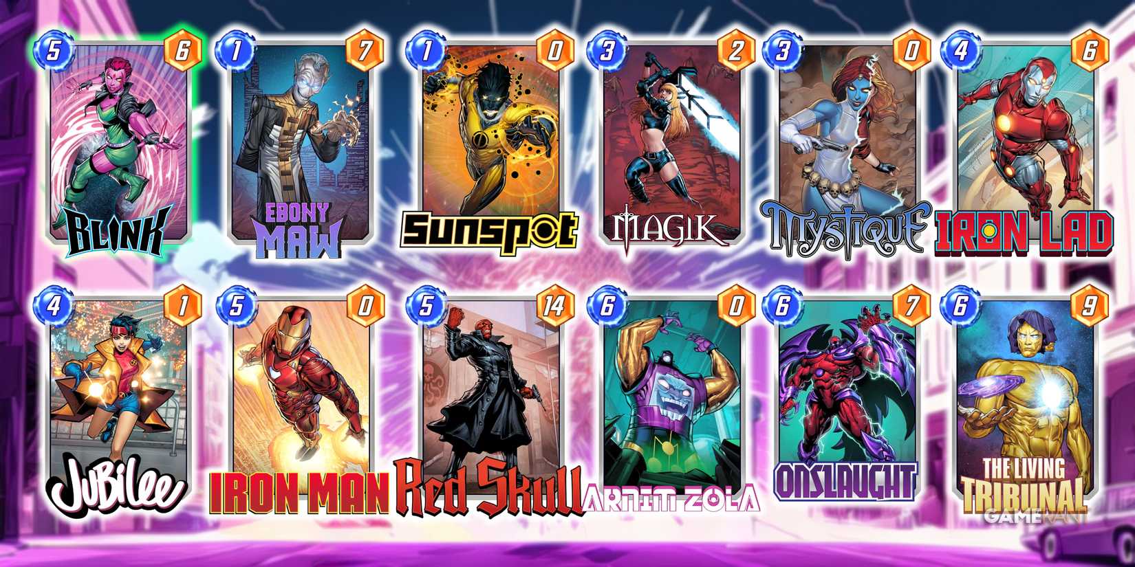 A Marvel Snap deck consisting of Blink, Ebony Maw, Sunspot, Magik, Mystique, Iron Lad, Jubilee, Iron Man, Red Skull, Arnim Zola, Onslaught, and The Living Tribunal.