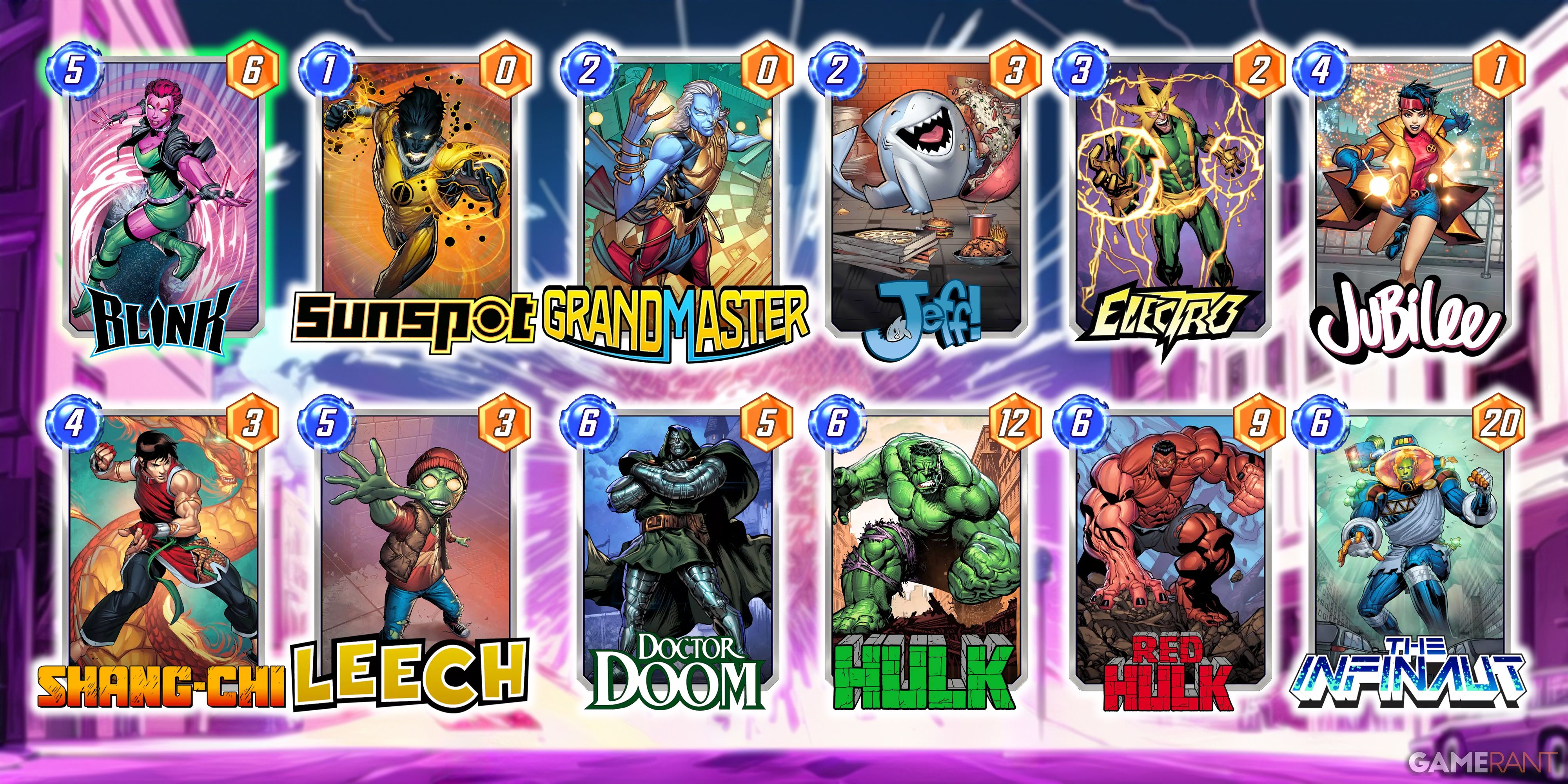 A Marvel Snap deck consisting of Blink, Sunspot, Grandmaster, Jeff, Electro, Jubilee, Shang-Chi, Leech, Doctor Doom, Hulk, Red Hulk, and The Infinaut.