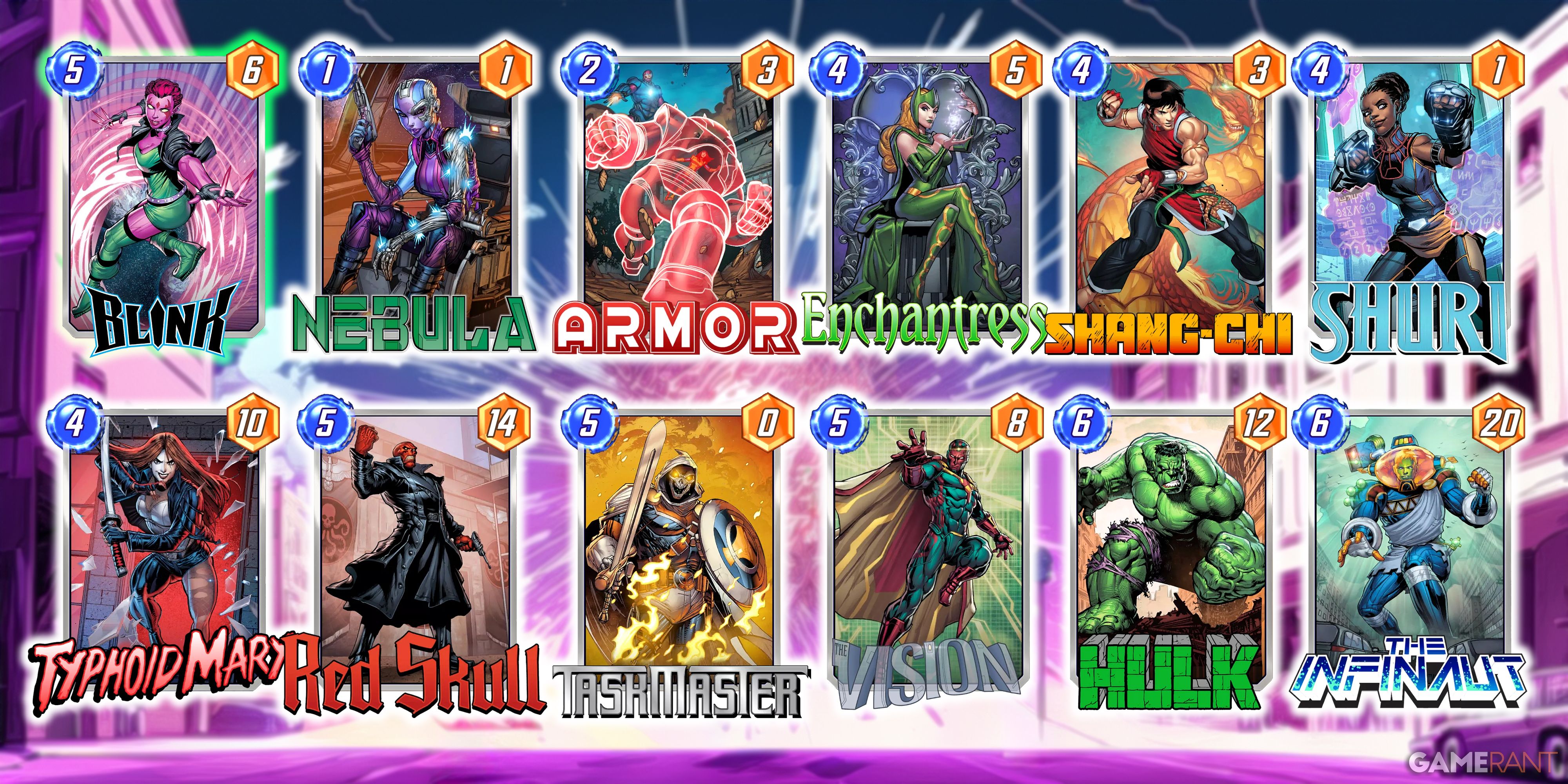A Marvel Snap deck consisting of Blink, Nebula, Armor, Enchantress, Shang-Chi, Shuri, Typhoid Mary, Red Skull, Taskmaster, Vision, Hulk, and The Infinaut.