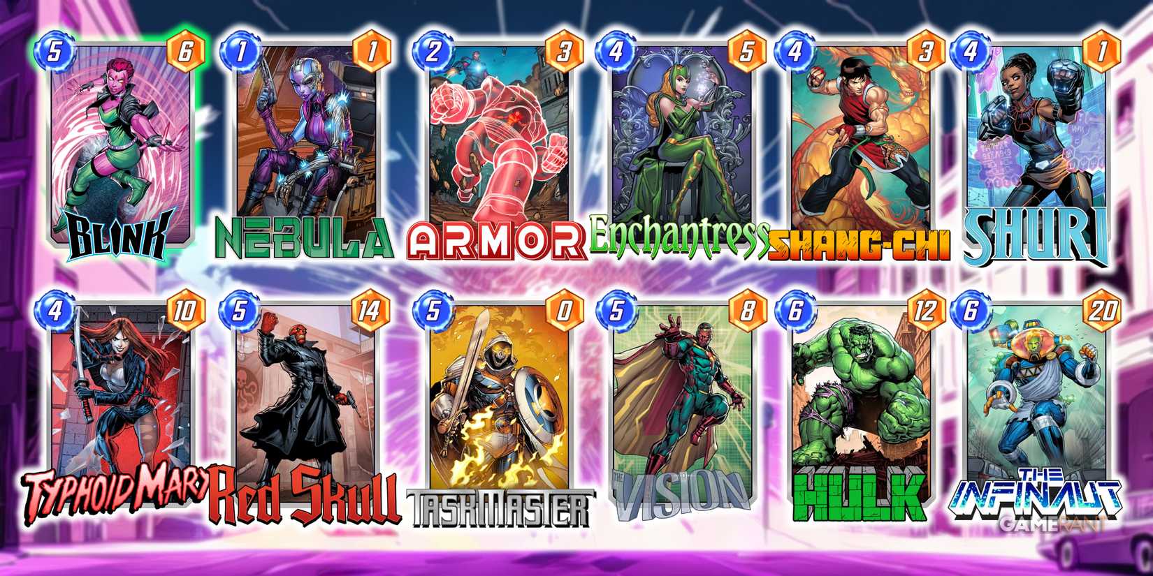 A Marvel Snap deck consisting of Blink, Nebula, Armor, Enchantress, Shang-Chi, Shuri, Typhoid Mary, Red Skull, Taskmaster, Vision, Hulk, and The Infinaut.