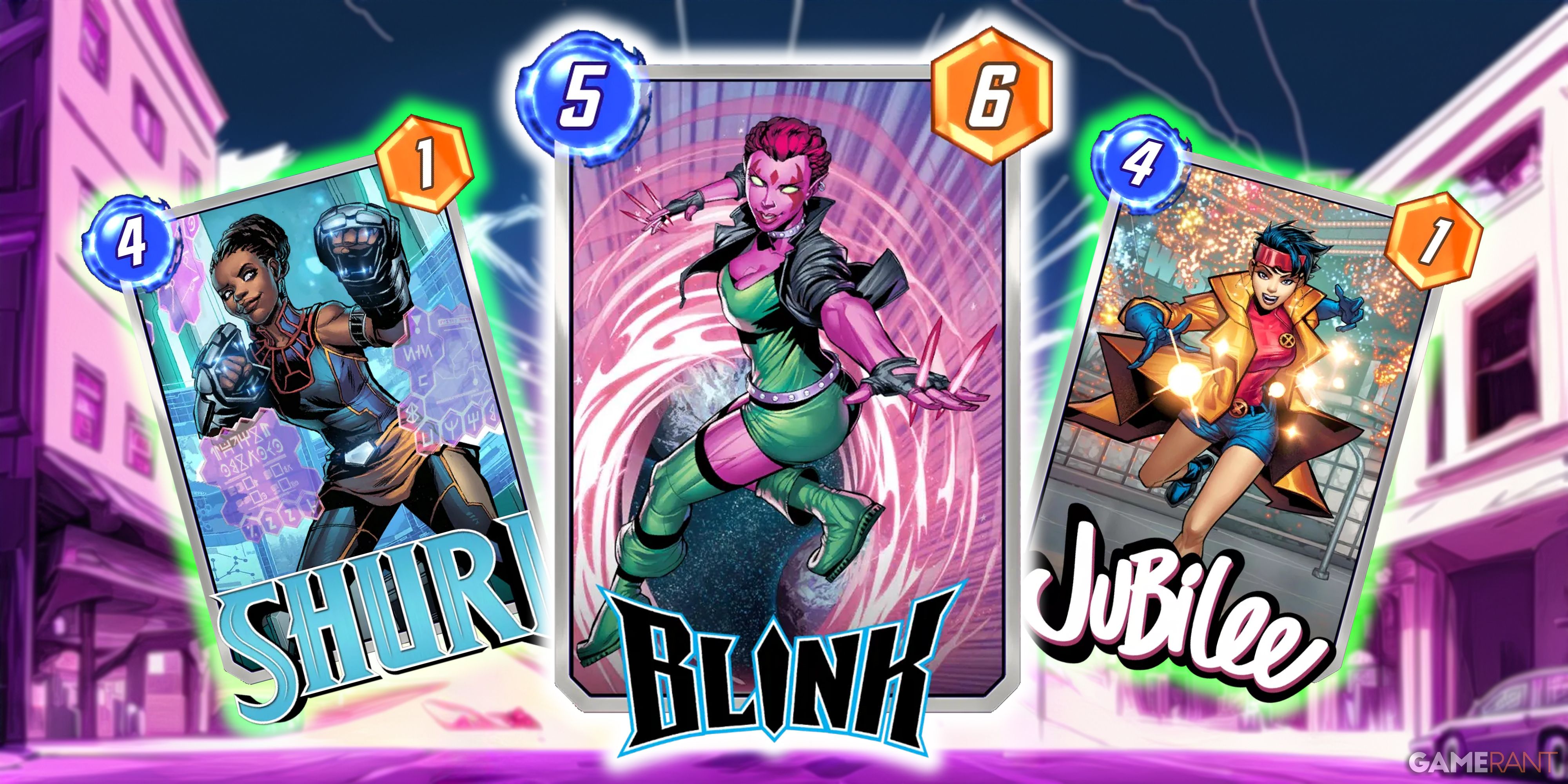 Marvel Snap's Blink card surrounded by Shuri and Jubilee.