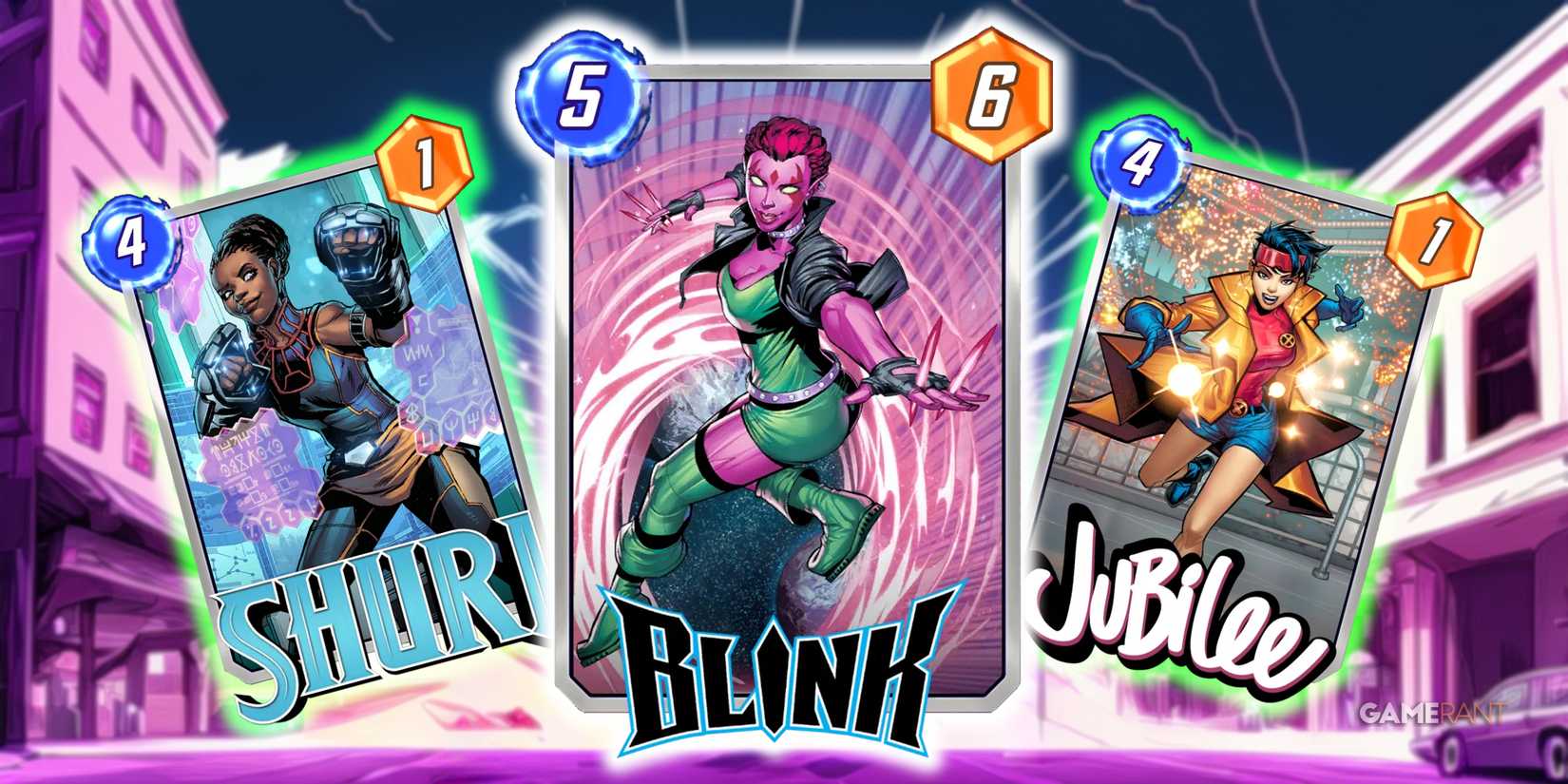 Marvel Snap's Blink card surrounded by Shuri and Jubilee.