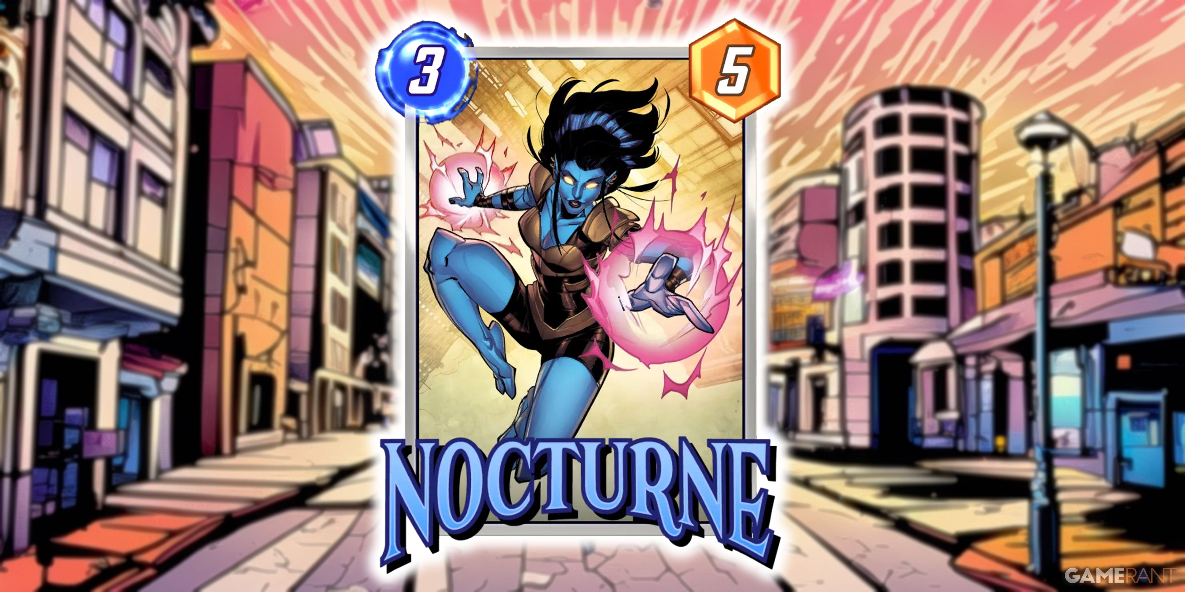 Marvel Snap's Nocturne card with a city street in the background.