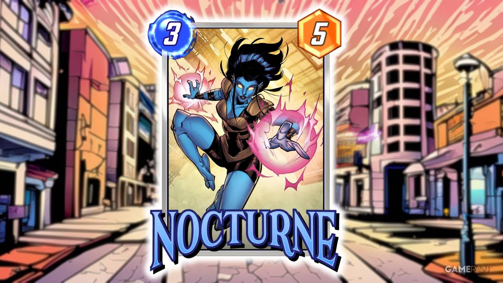 Marvel Snap's Nocturne card with a city street in the background.