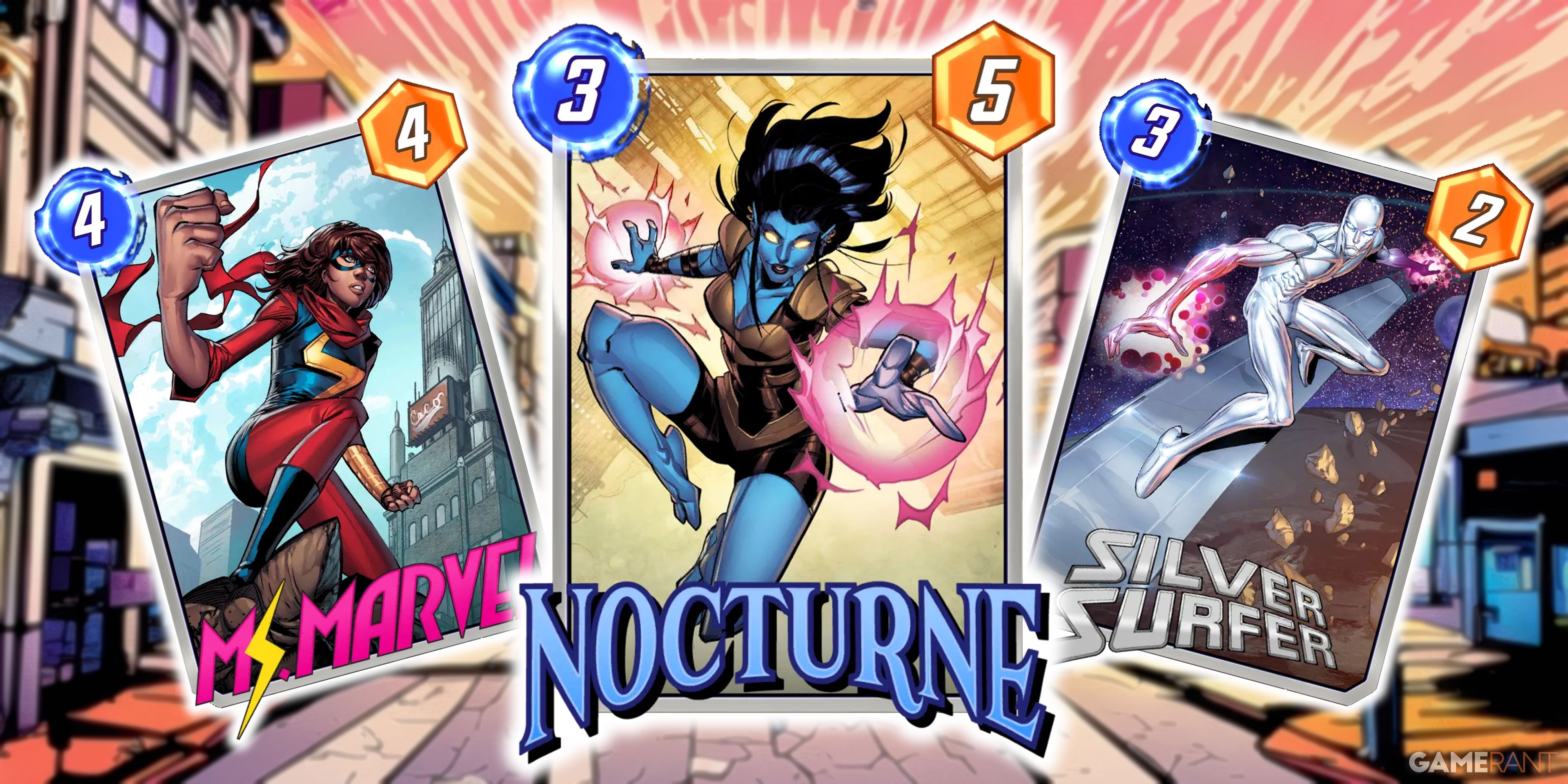 Marvel Snap's Nocturne card surrounded by Ms. Marvel and the Silver Surfer.