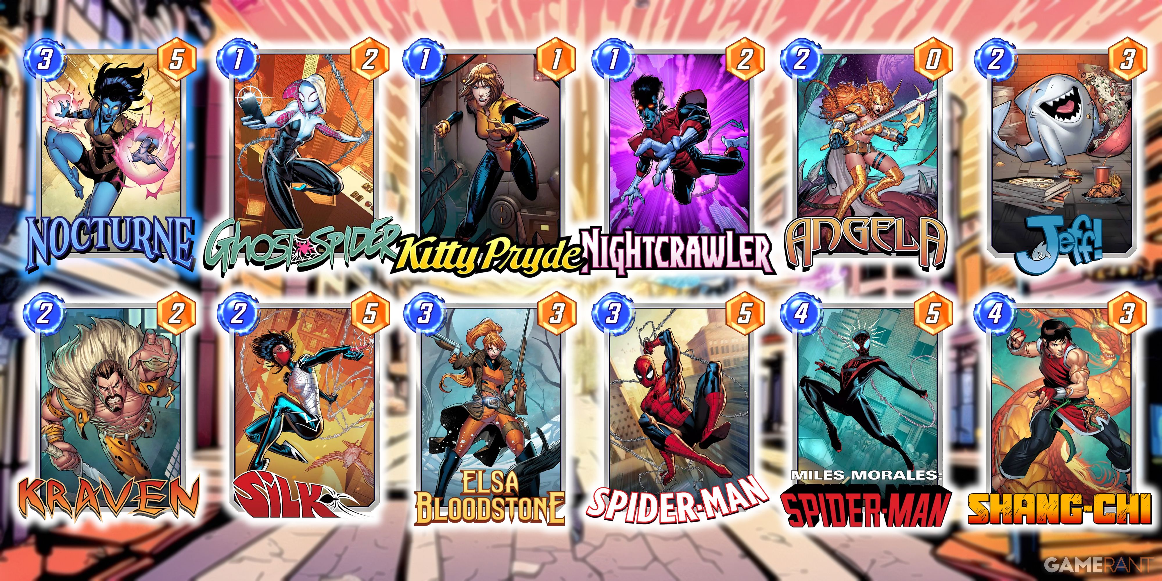 Marvel Snap deck comprised of Nocturne, Ghost-Spider, Kitty Pryde, Nightcrawler, Angela, Jeff, Kraven, Silk, Elsa Bloodstone, Spider-Man, Miles Morales Spider-Man, and Shang-Chi.