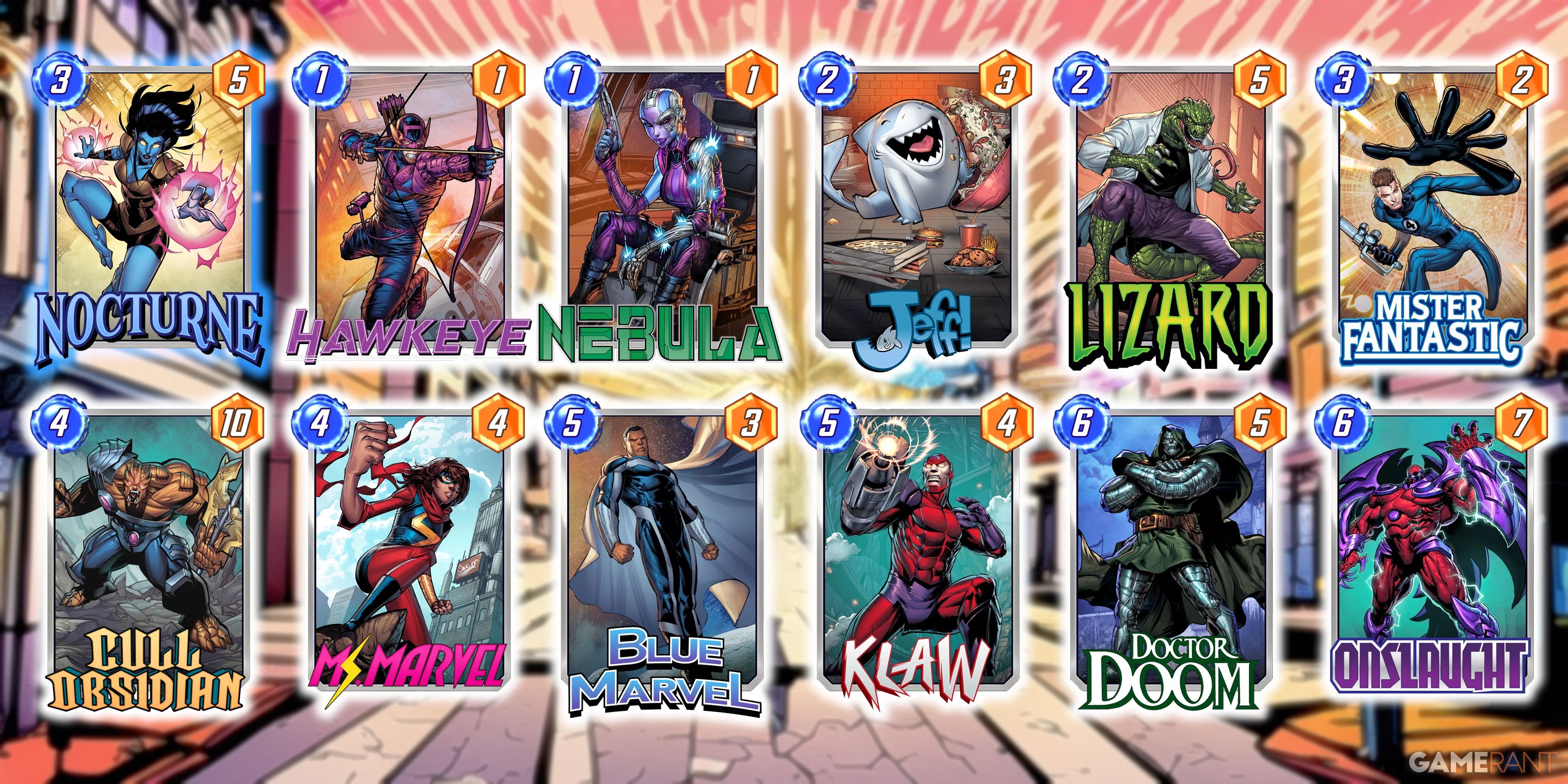 Marvel Snap deck comprised of Nocturne, Hawkeye, Nebula, Jeff, Lizard, Mister Fantastic, Cull Obsidian, Ms. Marvel, Blue Marvel, Klaw, Doctor Doom, and Onslaught.