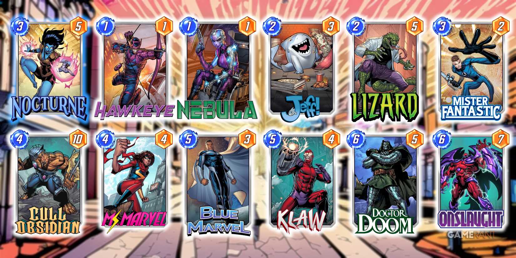 Marvel Snap deck comprised of Nocturne, Hawkeye, Nebula, Jeff, Lizard, Mister Fantastic, Cull Obsidian, Ms. Marvel, Blue Marvel, Klaw, Doctor Doom, and Onslaught.