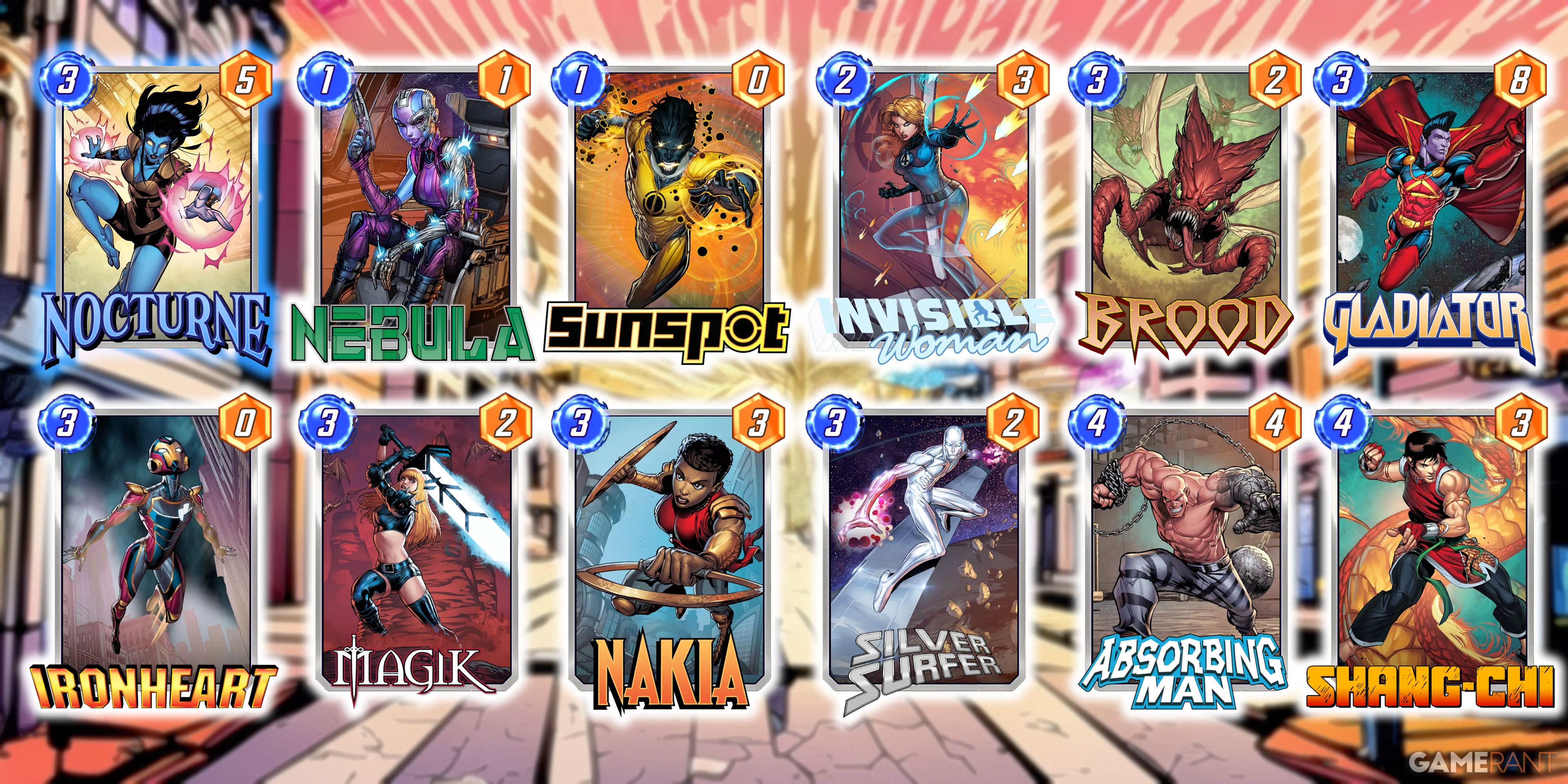 Marvel Snap deck comprised of Nocturne, Nebula, Sunspot, Invisible Woman, Brood, Gladiator, Ironheart, Magik, Nakia, Silver Surfer, Absorbing Man, and Shang-Chi.