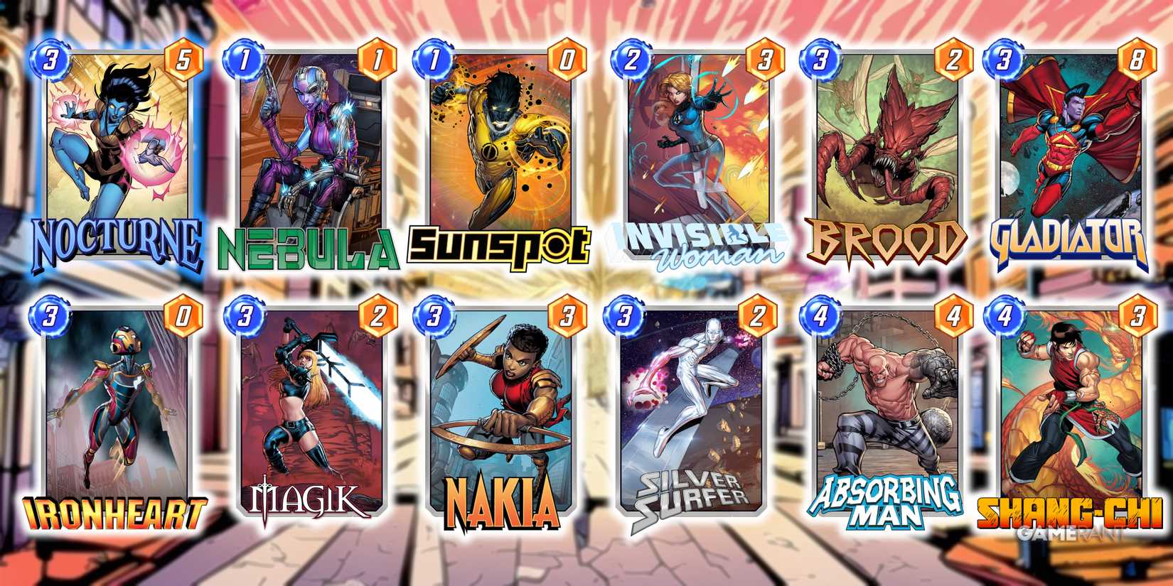 Marvel Snap deck comprised of Nocturne, Nebula, Sunspot, Invisible Woman, Brood, Gladiator, Ironheart, Magik, Nakia, Silver Surfer, Absorbing Man, and Shang-Chi.