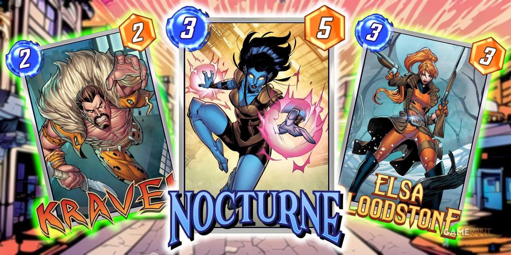 Marvel Snap's Nocturne card surrounded by Kraven and Elsa Bloodstone.