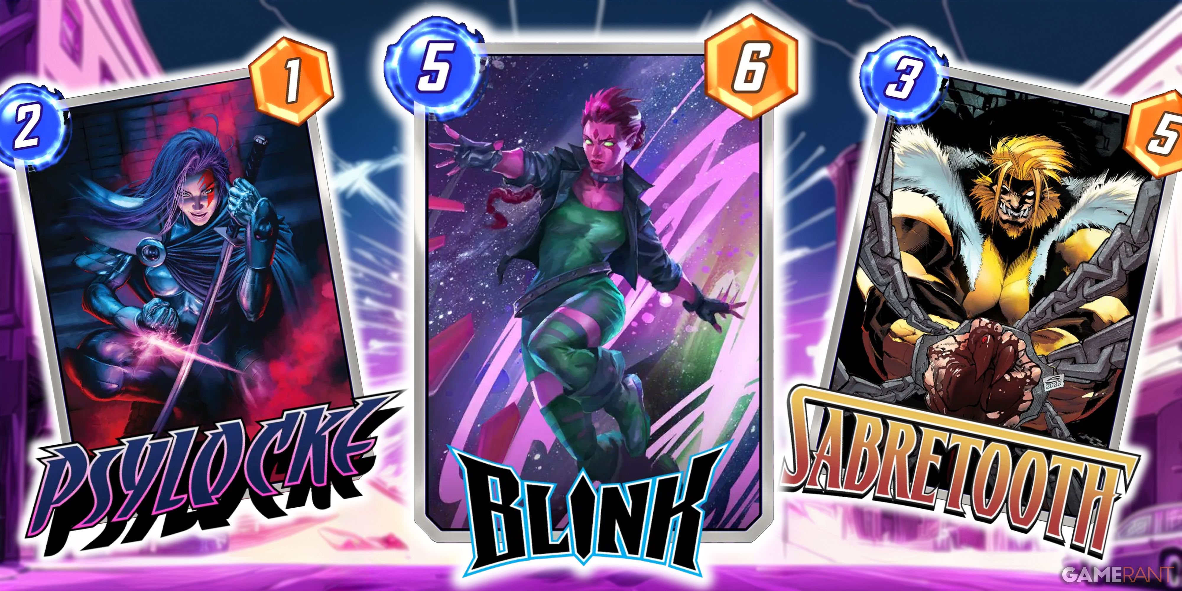Marvel Snap's Blink card surrounded by Psylocke and Sabretooth variants.