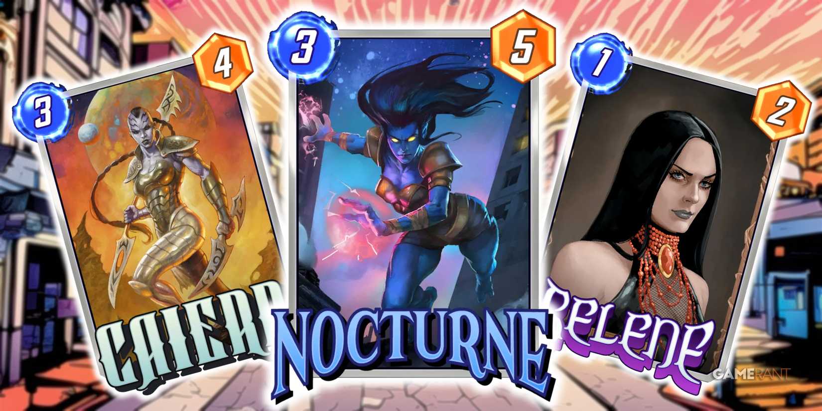 Marvel Snap's Nocturne card surrounded by Caiera and Selene variants.