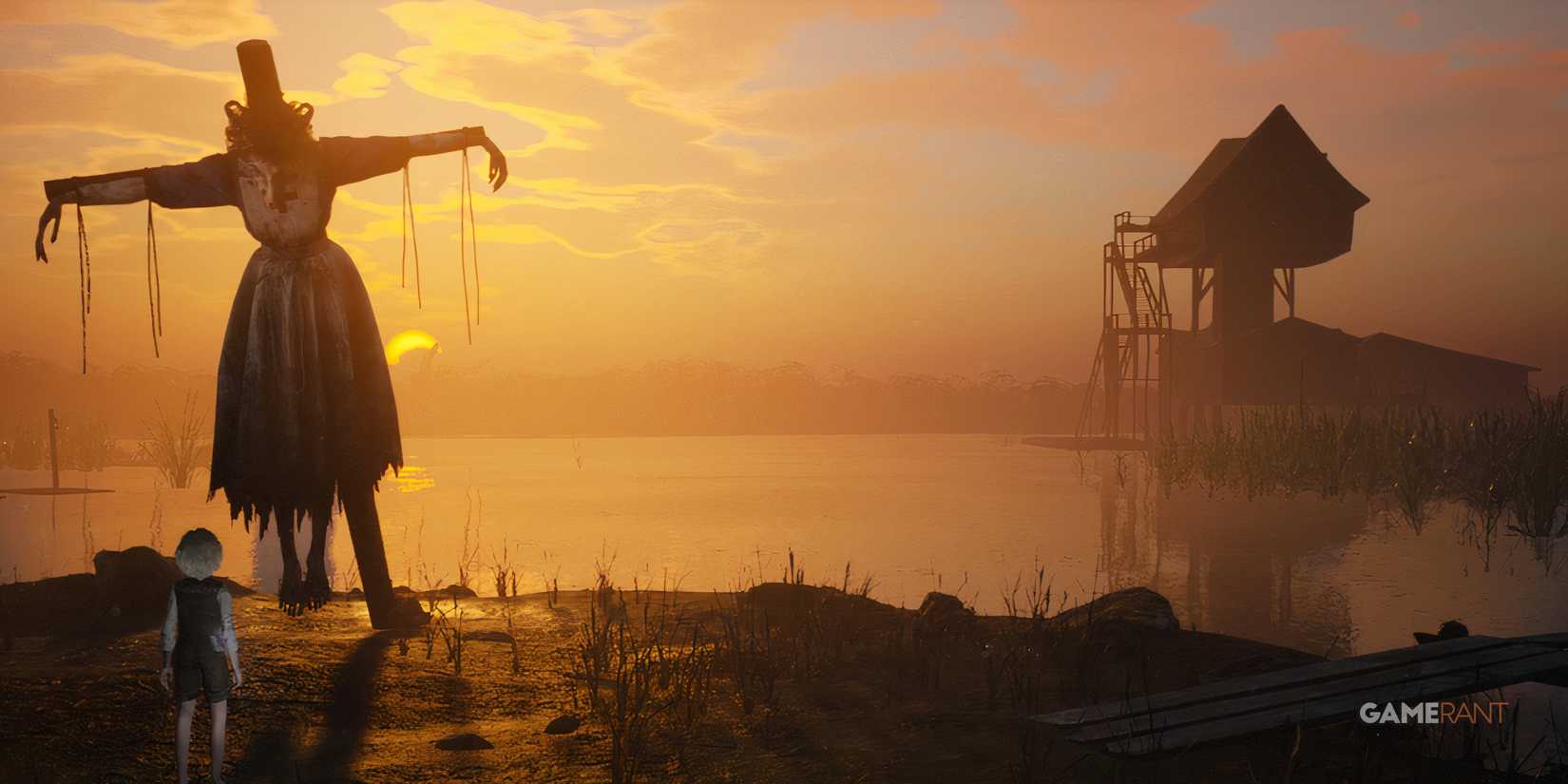 8 Great Folk Horror Video Games A child stands near a lake next to a crucified monster witch