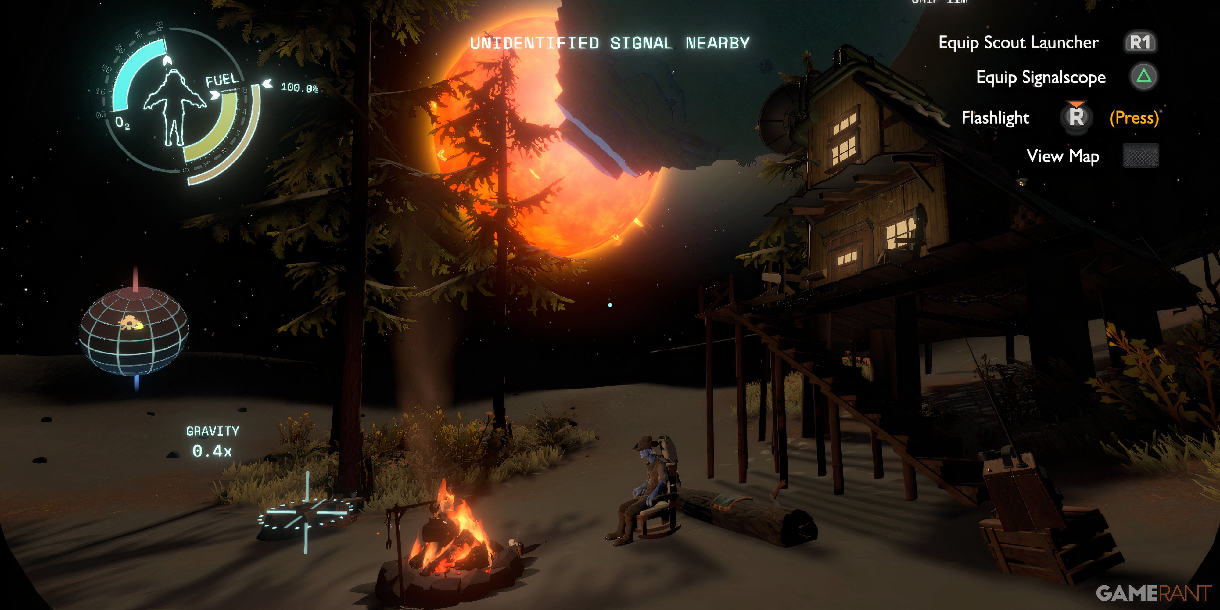 7 Great Survival Games With No Hunger Meter A man sits on rocking chair next to his house while a sun and planet pass by