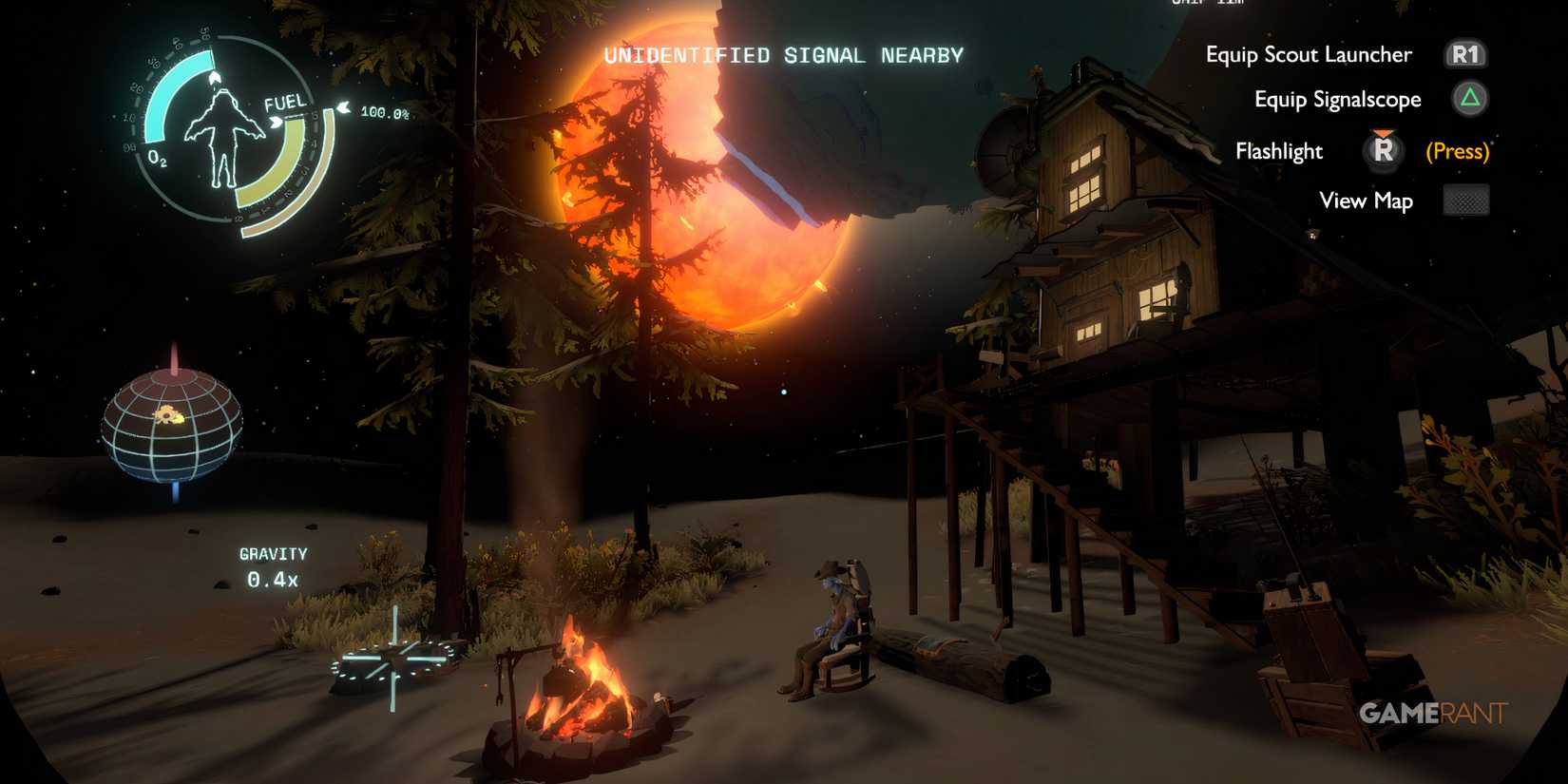 7 Great Survival Games With No Hunger Meter A man sits on rocking chair next to his house while a sun and planet pass by