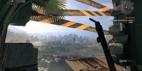 Dying light looking out of a hole in a building