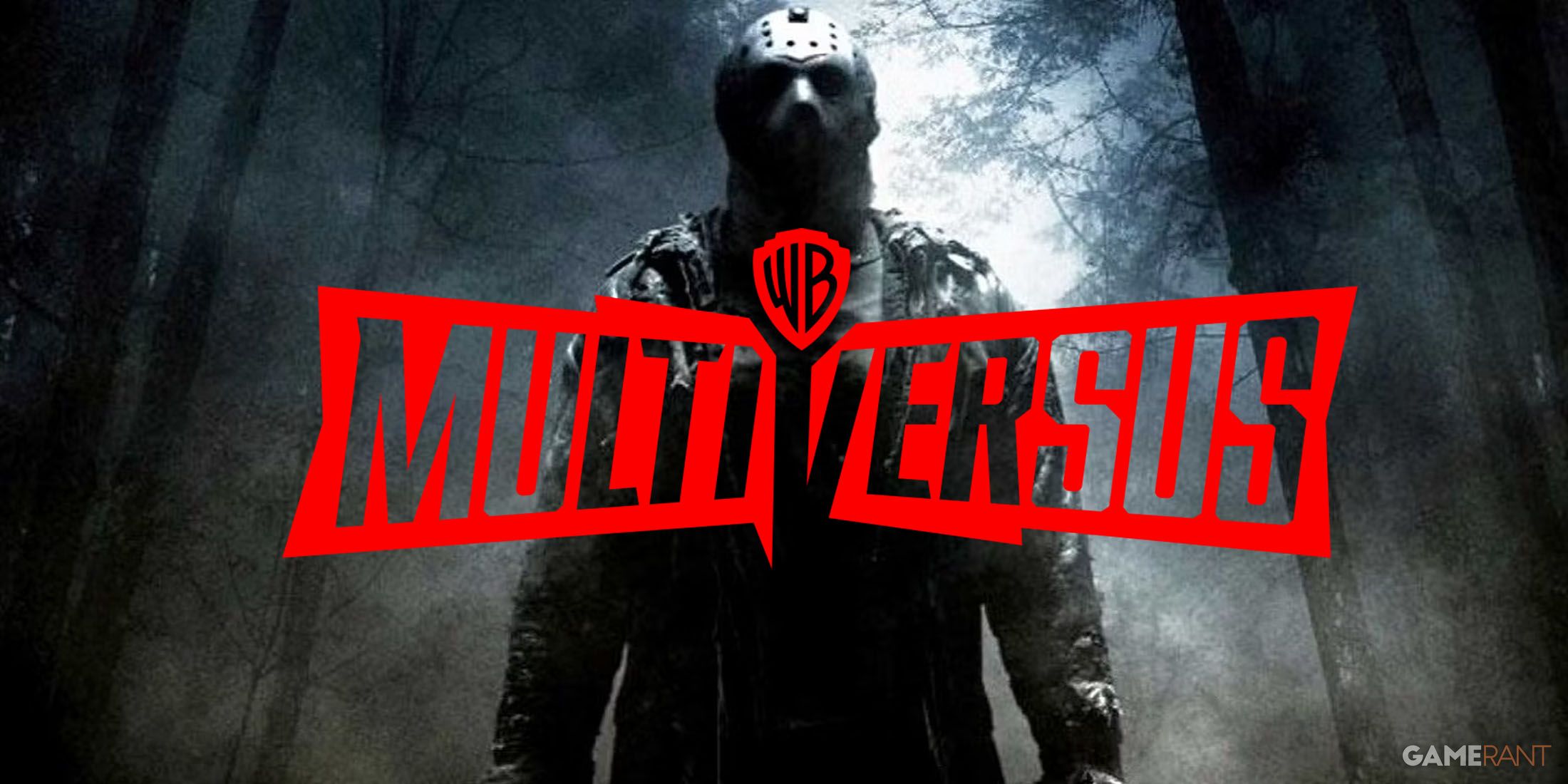 A image of Jason Voorhees from the Friday The 13th 2009 reboot, with a red MultiVersus logo in front of him.