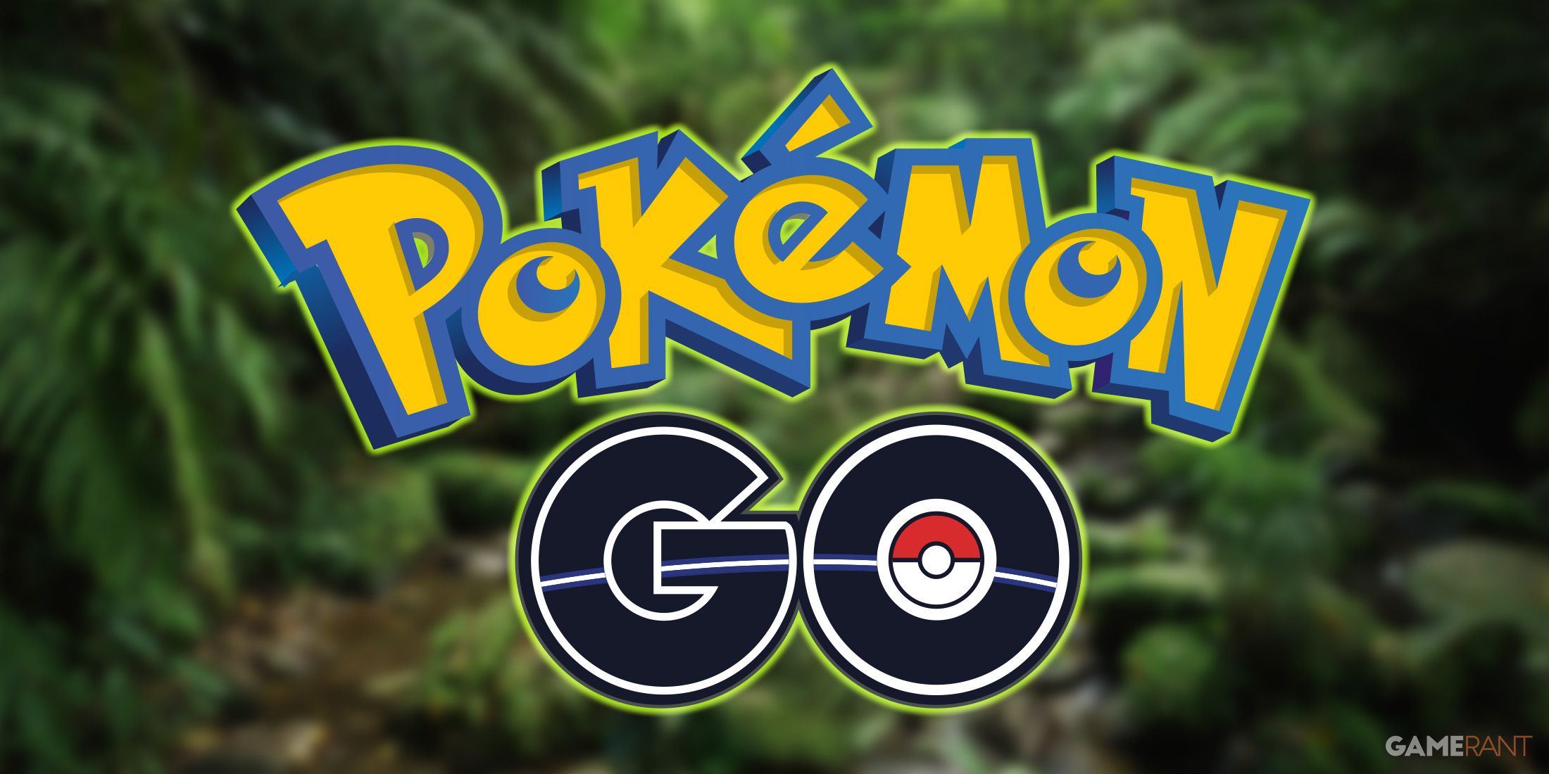 Pokemon GO logo with lime outer glow on blurred lush forest image