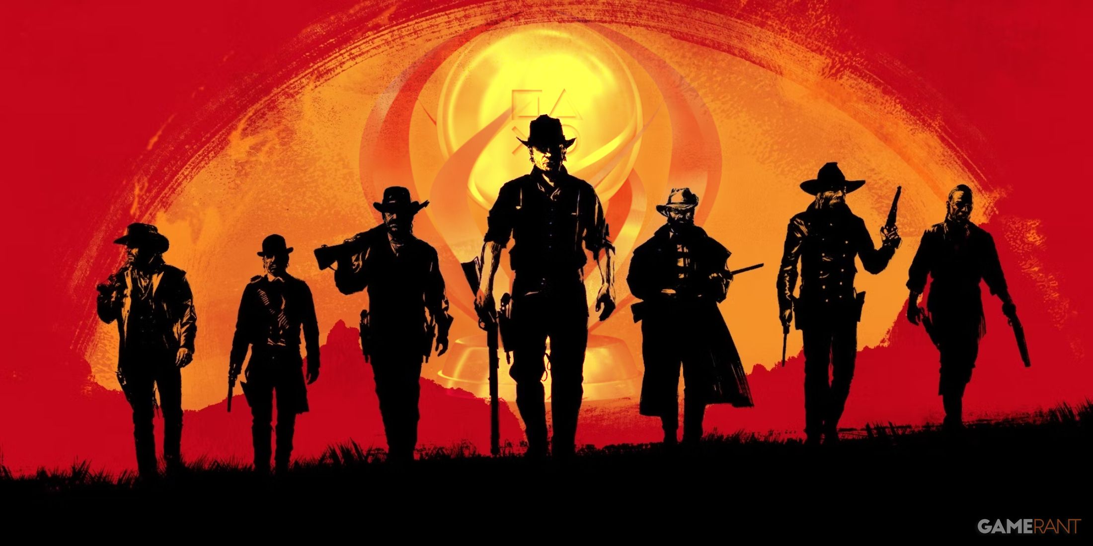 A key art for Red Dead Redemption 2, showing the silhouettes of the main characters