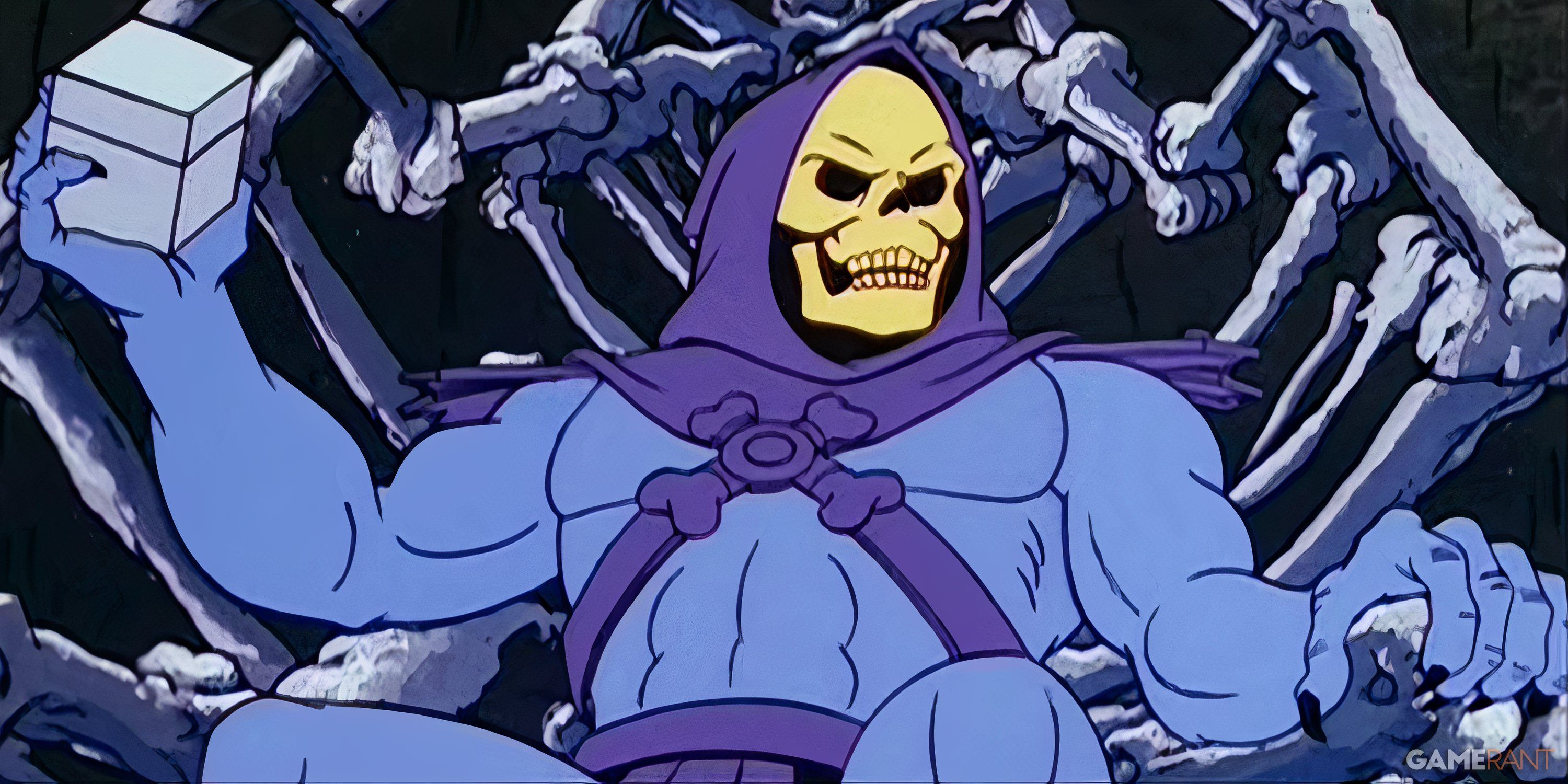 skeletor masters of the universe cartoon sitting on bone throne with a small box in his hand