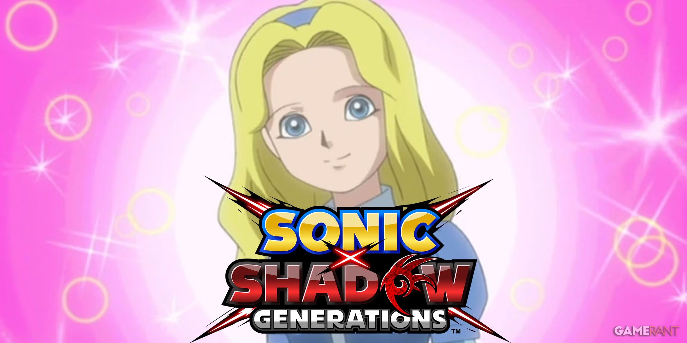 A screenshot of Maria Robotnik in Sonic X with the Sonic X Shadow Generations logo placed below her.