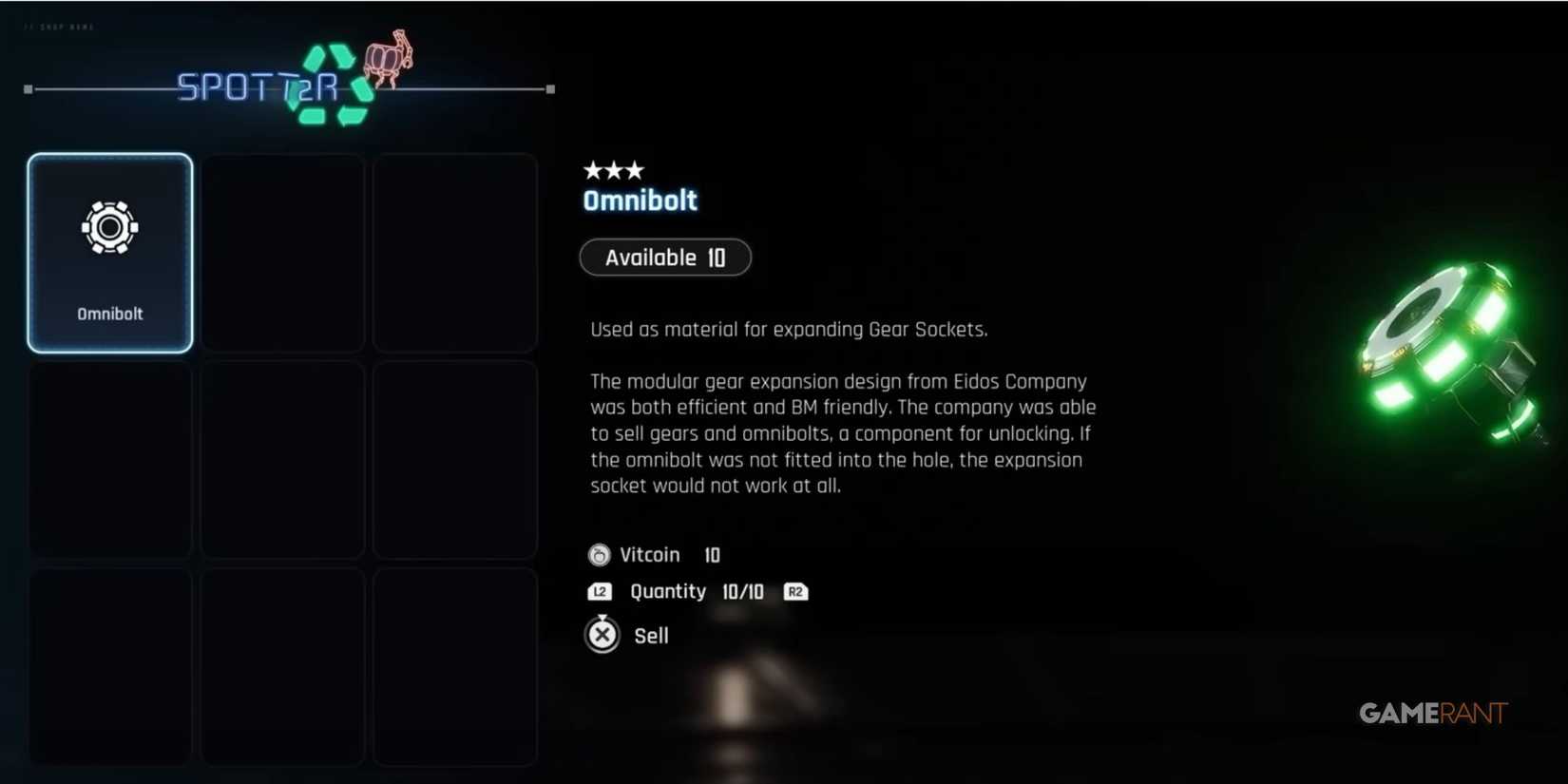 Spotter Merchant Shop Menu in Stellar Blade where players can sell gear items to buy vitcoins