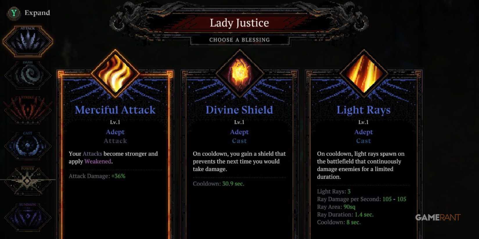 A player looking at blessings from Lady Justice in Death Must Die