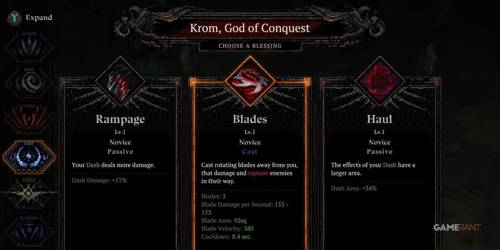 A player looking at Krom, God of Conquest Blessings in Death Must Die