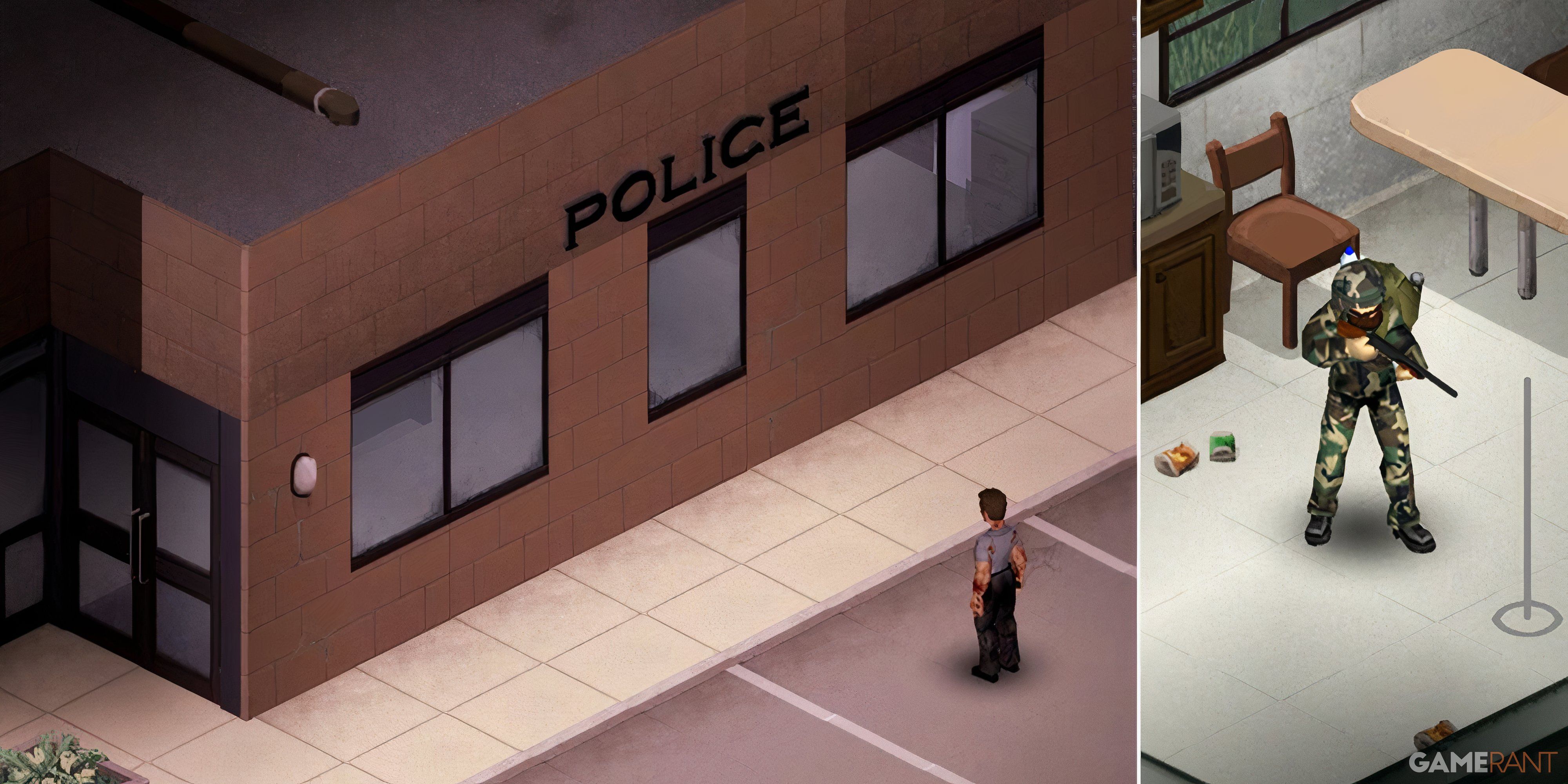 an image of the outside of a police station alongside a player character in full tac gear with a gun