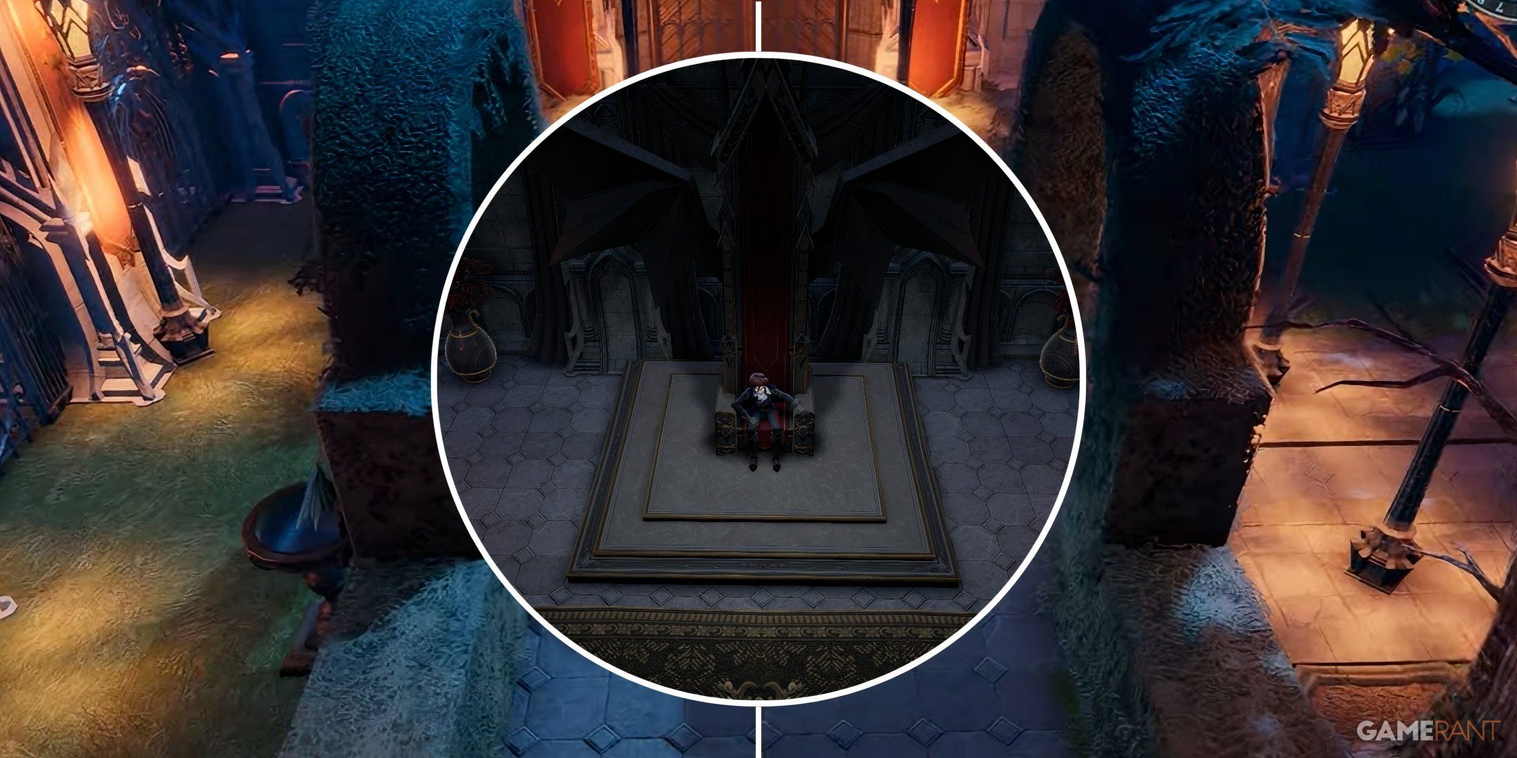 A view of a castle exterior behind a screenshot of a player character sitting on their vampiric throne