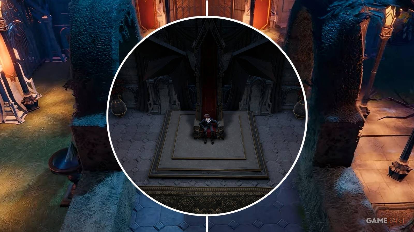 A view of a castle exterior behind a screenshot of a player character sitting on their vampiric throne