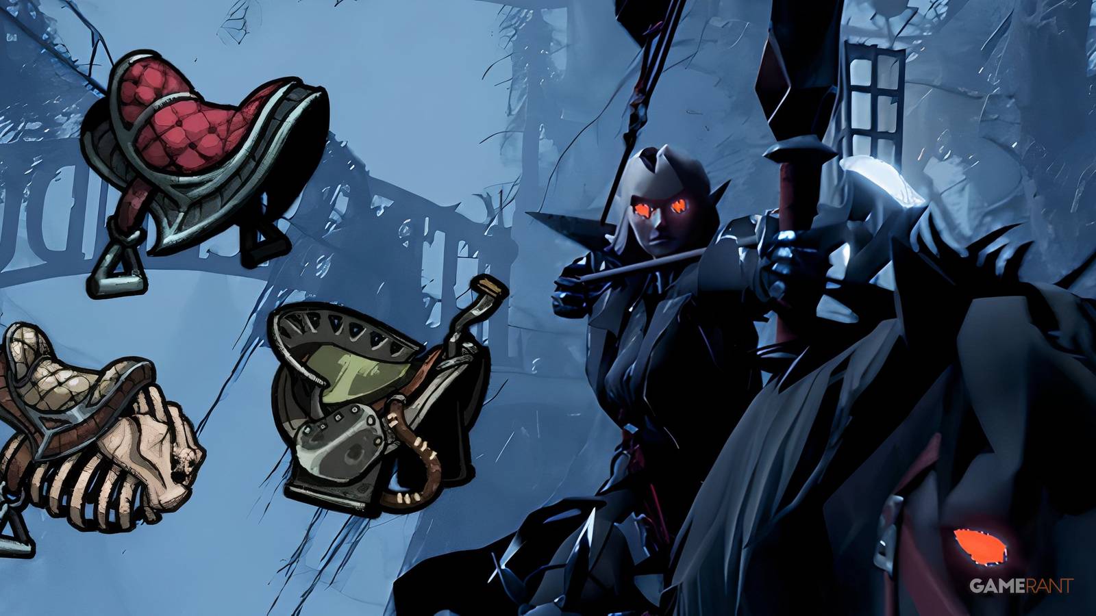 A vampire on horseback beside three saddle sprites