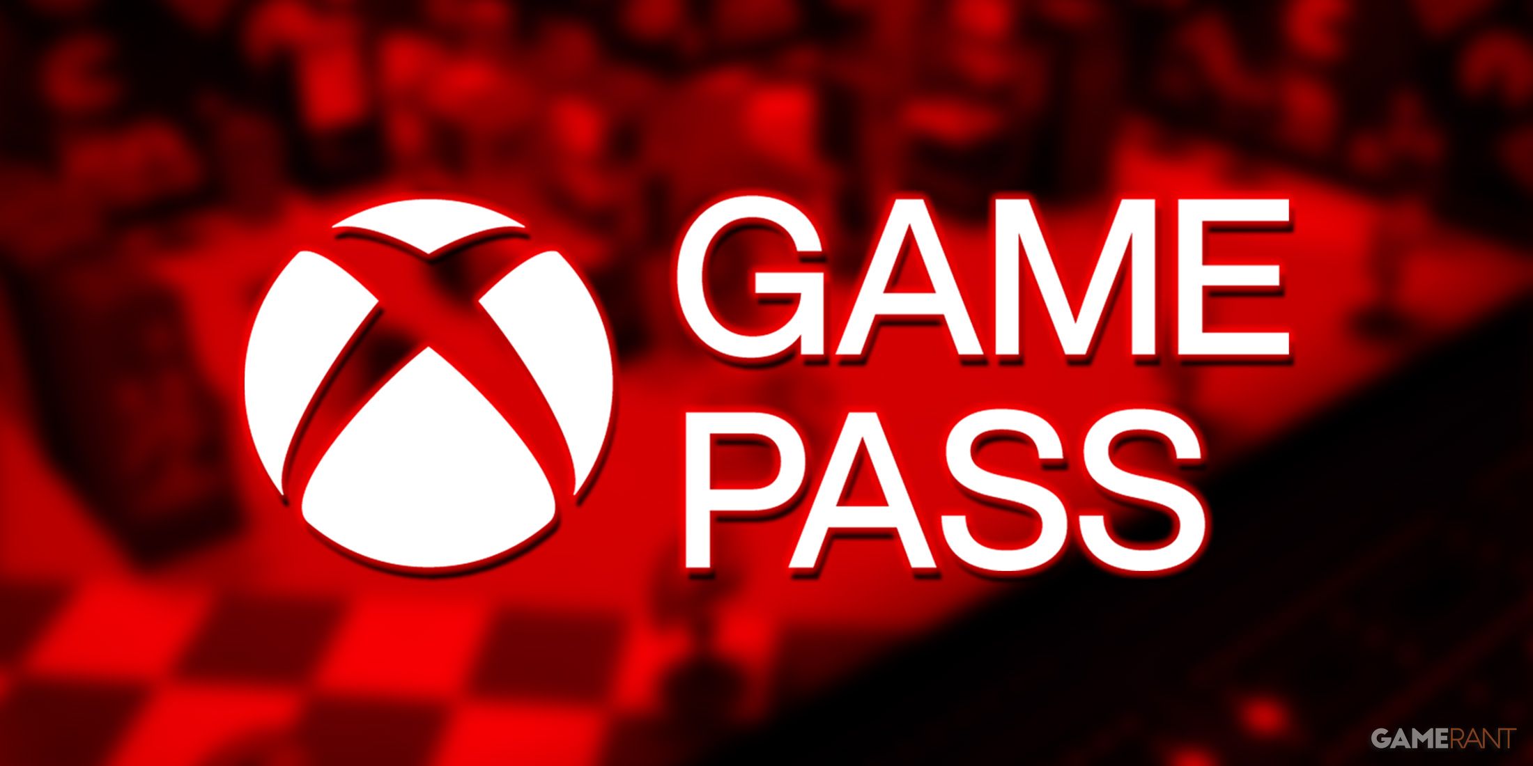 White abridged Xbox Game Pass logo on blurred red-colored Pac-Man Museum Plus promo screenshot